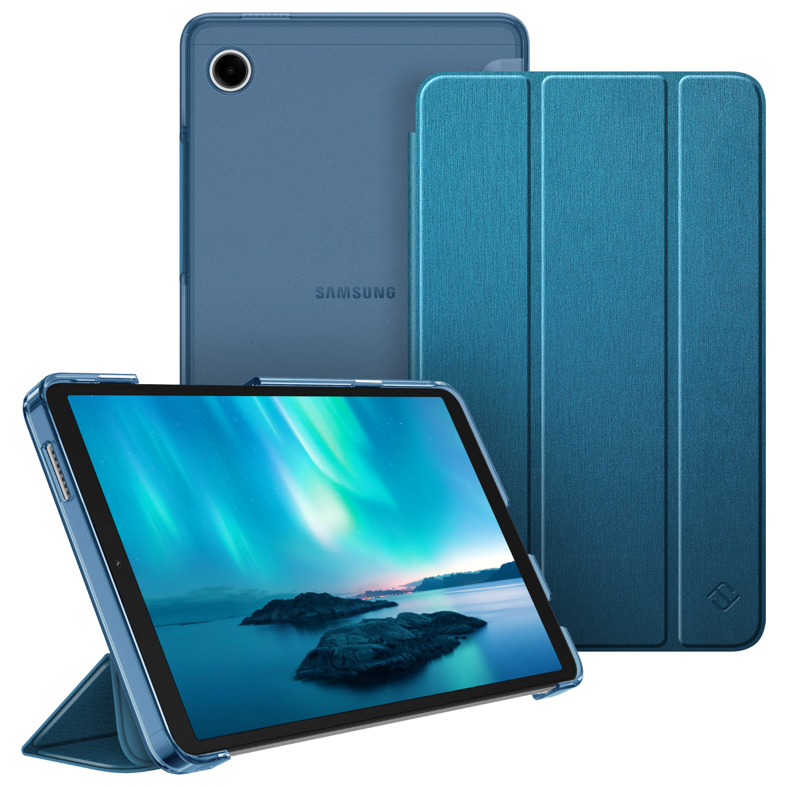 Blaues Tablet mit Hülle, Display zeigt Nordlichter. Andere Hüllen und Tablet-Rückseiten sind sichtbar.