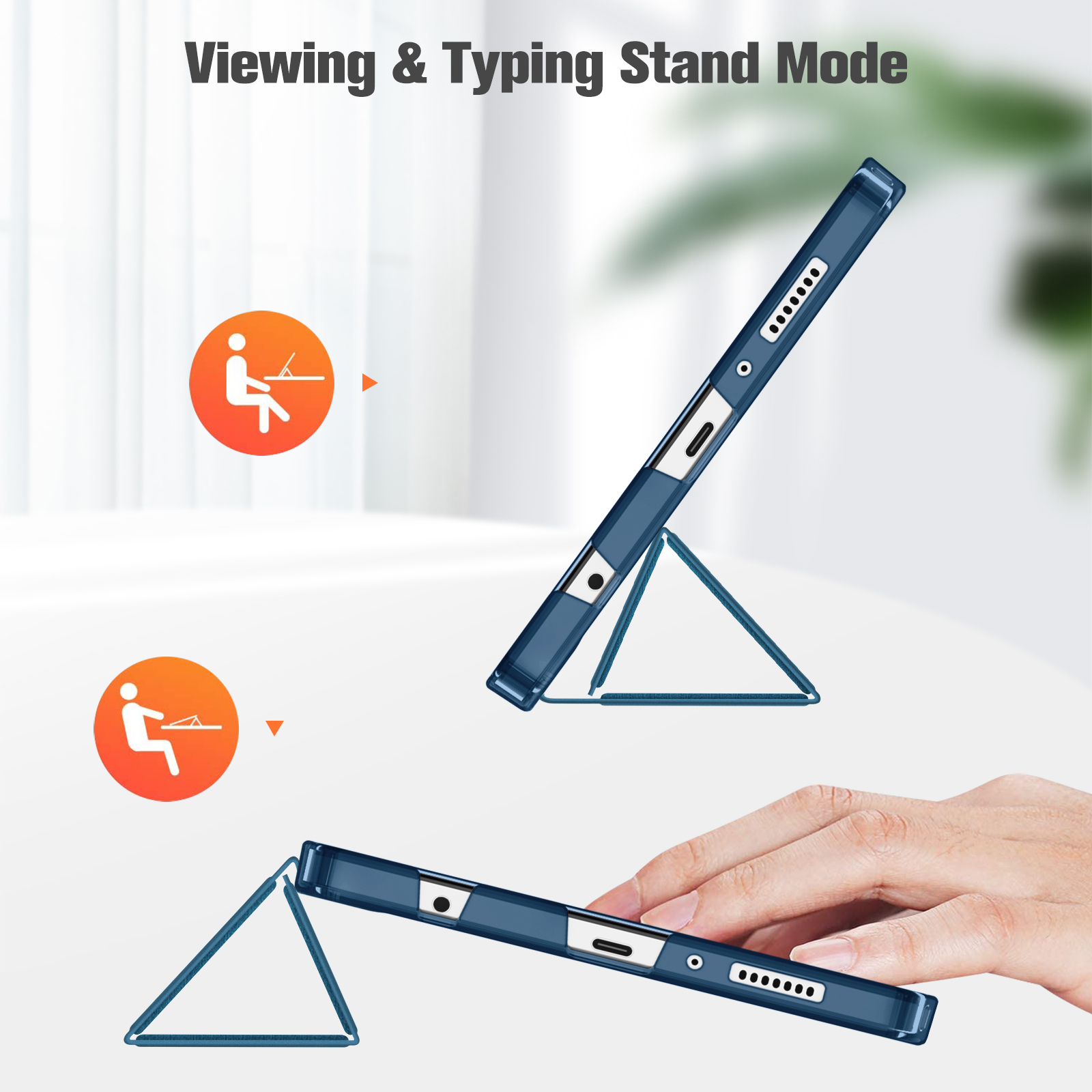 Eine Tablet-Hülle im Standmodus. Das Bild zeigt die Hülle und ihre Ständerfunktion, die das Tippen und Anzeigen ermöglicht.