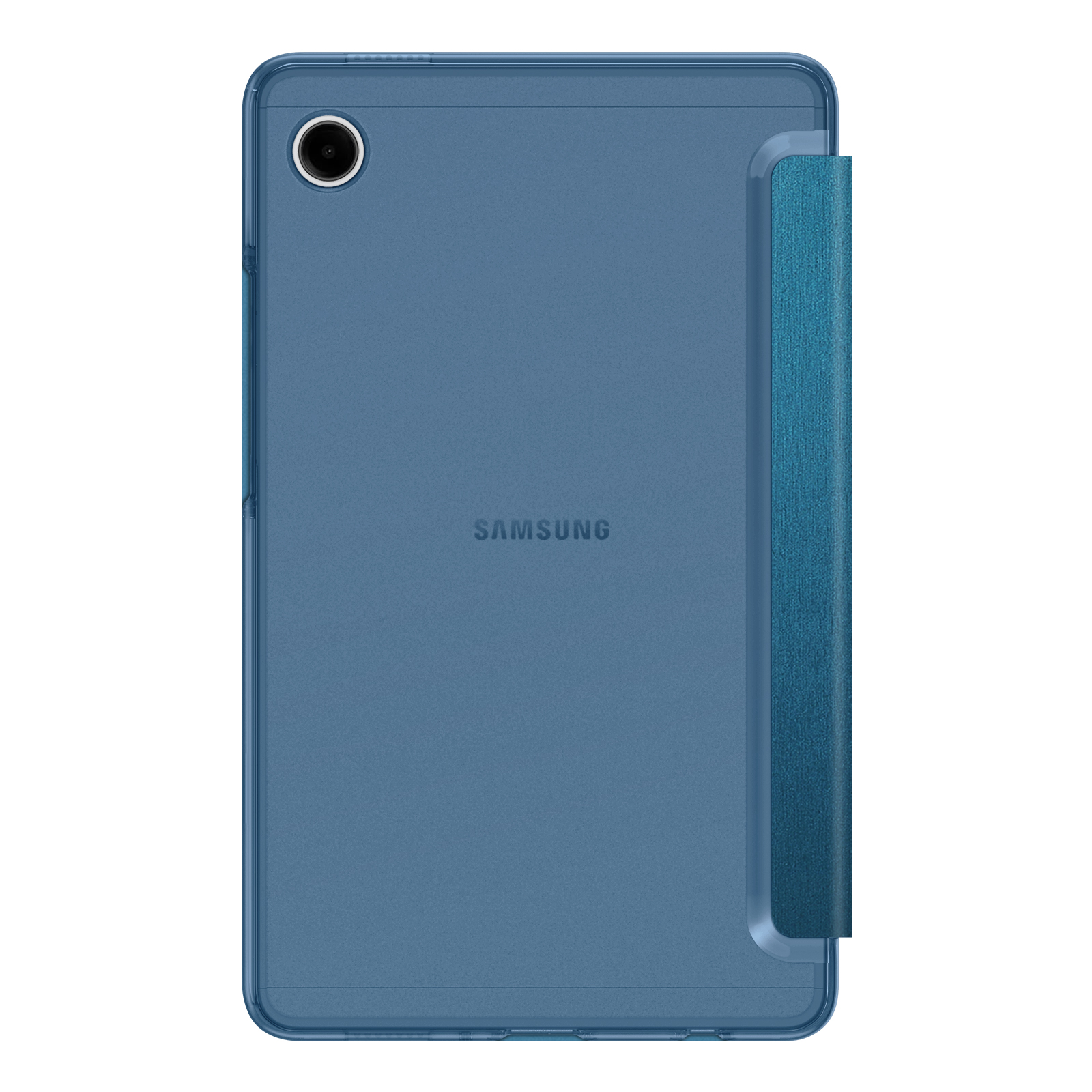 Blaues Samsung-Tablet mit Hülle. Die Rückseite hat eine Kamera und das Samsung-Logo. Die Hülle ist dunklerblau.