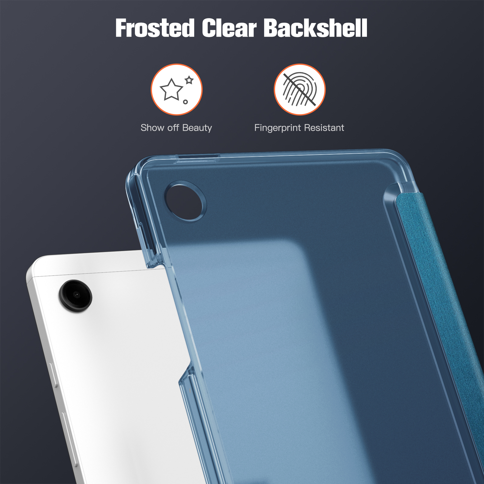 Ein Tablet mit einer transparenten, blauen Hülle. Text: Frosted Clear Backshell. Icons: Schönheit, fingerabdruckresistent.