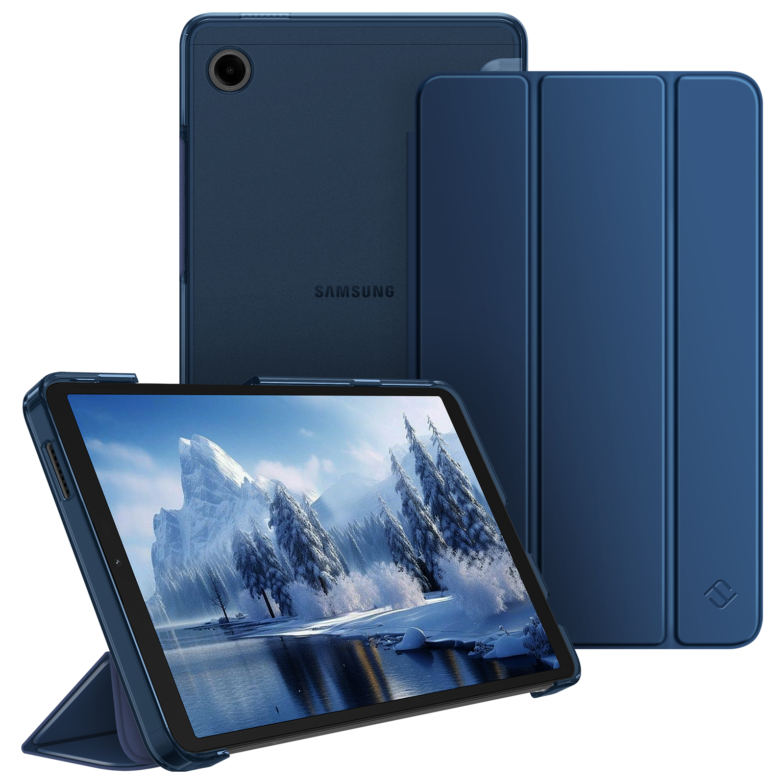 Ein blaues Tablet mit einer Winterlandschaft auf dem Bildschirm, umgeben von Hülle und Abdeckung.