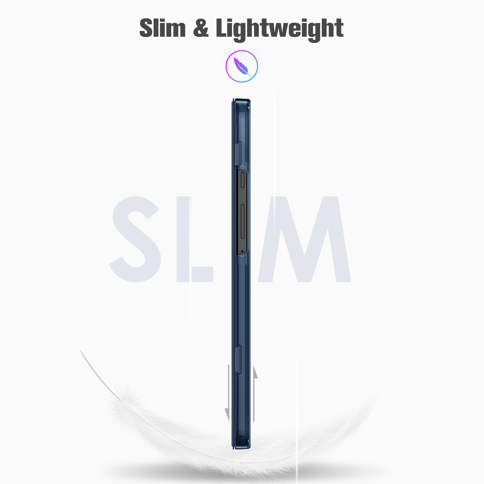 Eine dunkelblaue Handyhülle, schlank und leicht. Text sagt Slim & Lightweight. Eine Feder im Vordergrund, mit dem Wort SLIM.