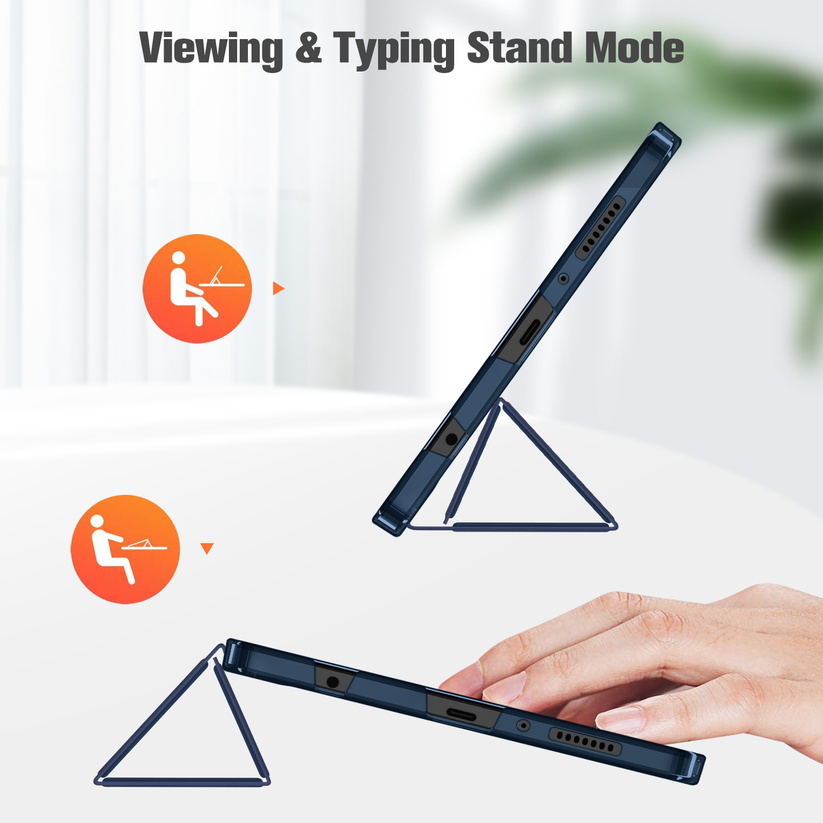 Tablet im Standmodus. Zeigt eine Hand, die das Tablet hält. Symbole zeigen den Betrachtungs- und Schreibmodus.