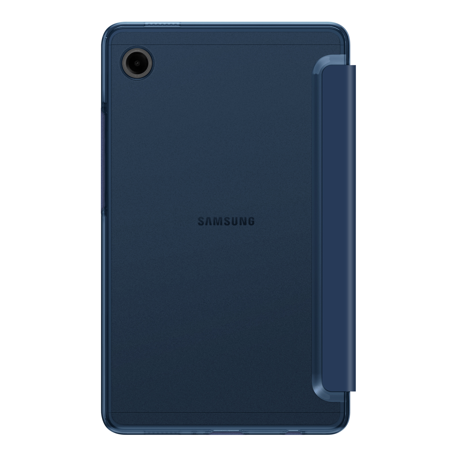 Ein dunkelblaues Samsung-Tablet mit Schutzhülle. Die Hülle ist teilweise geöffnet. Das Samsung-Logo ist sichtbar.