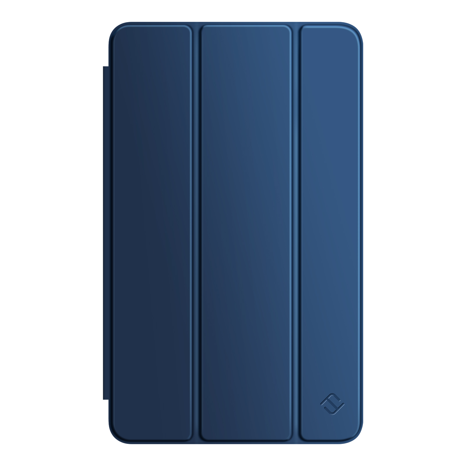Eine marineblaue Tablethülle, Dreifachfaltdesign, mit einem Logo in der unteren rechten Ecke, auf weißem Hintergrund.