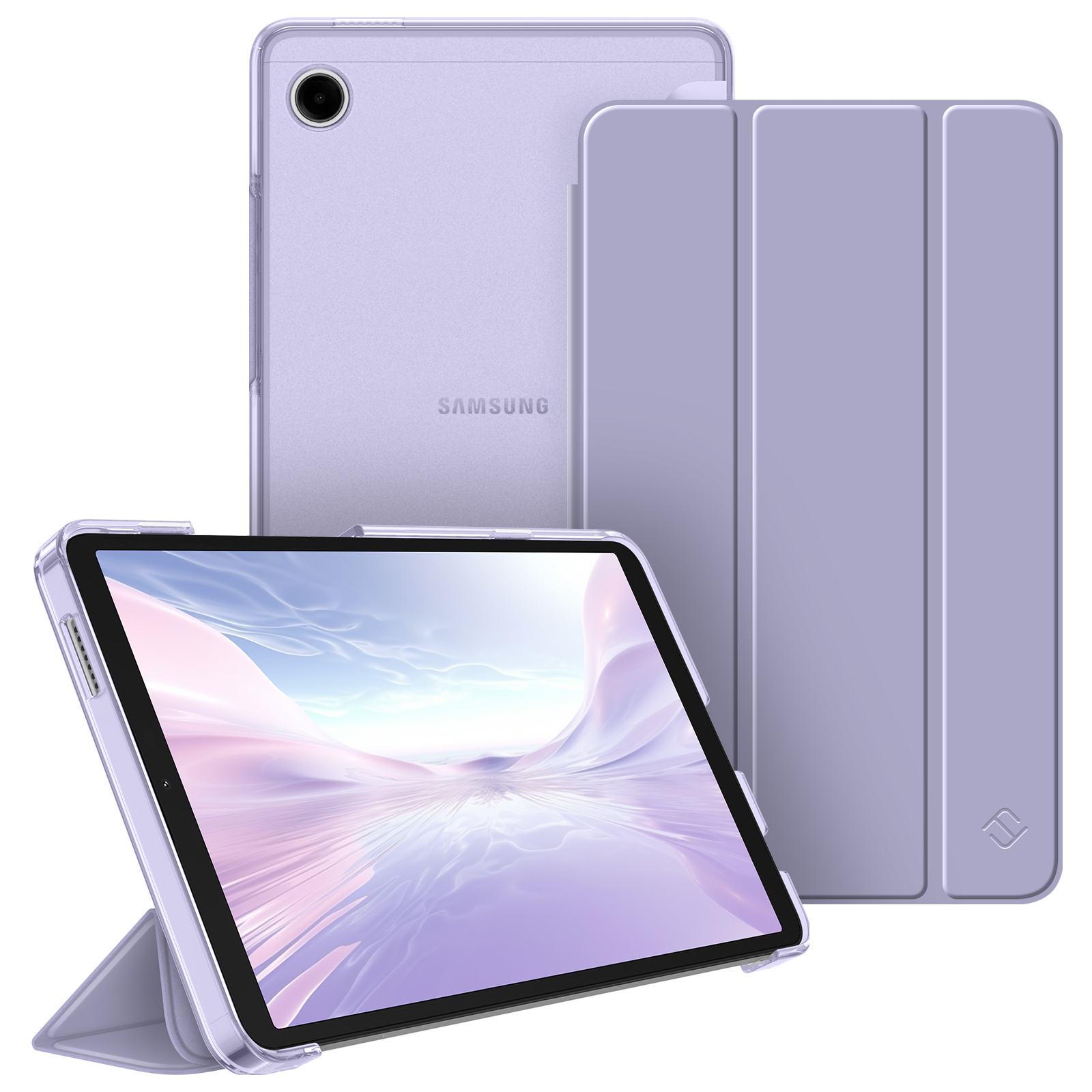 Ein lila Samsung-Tablet mit Hülle wird in einem Winkel angezeigt. Ein weiteres Tablet und eine Hülle befinden sich dahinter. Alles auf weißem Hintergrund.