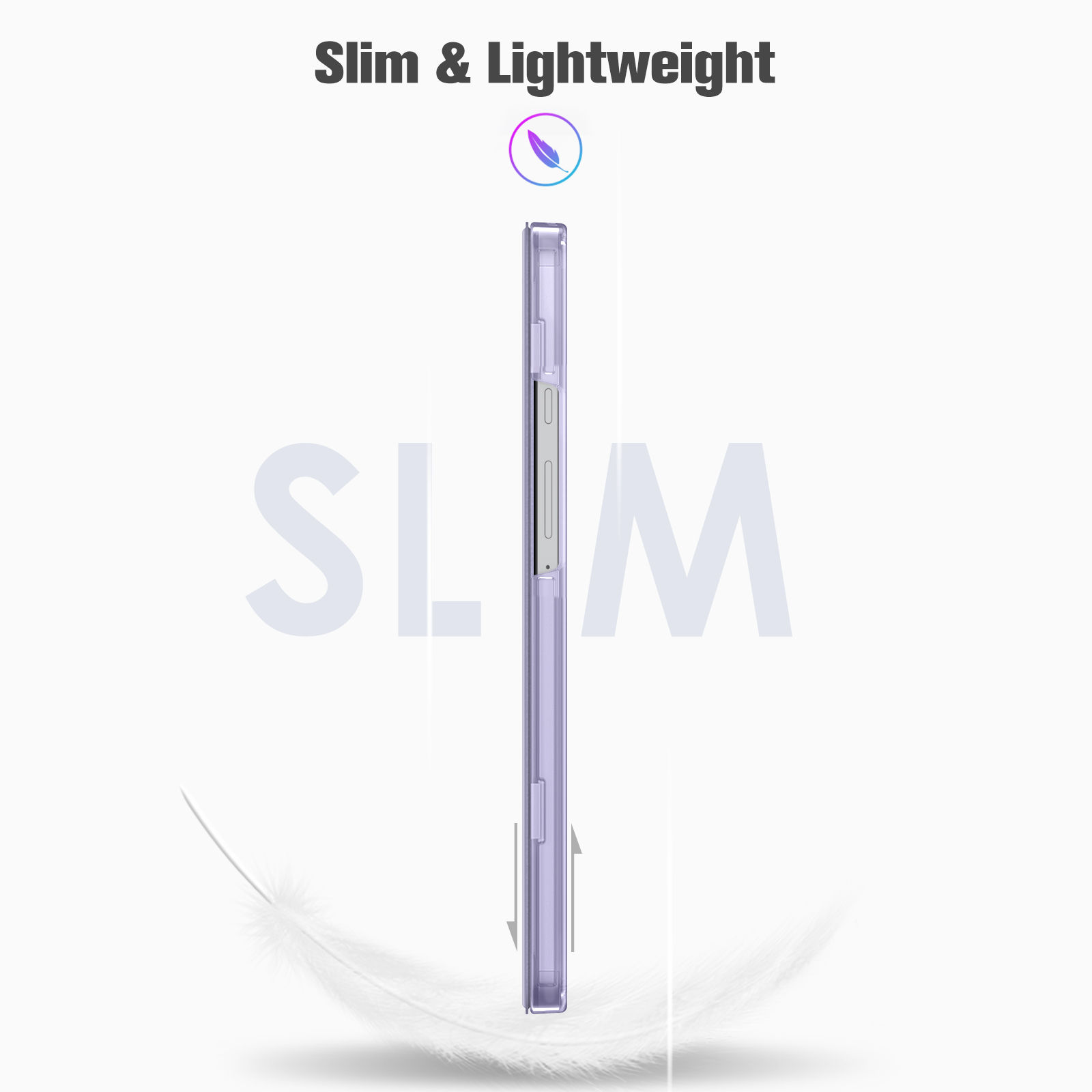 Gezeigt wird eine Handyhülle, sie ist lila und transparent. Die Worte 'Slim & Lightweight' und 'SLIM' sind sichtbar.
