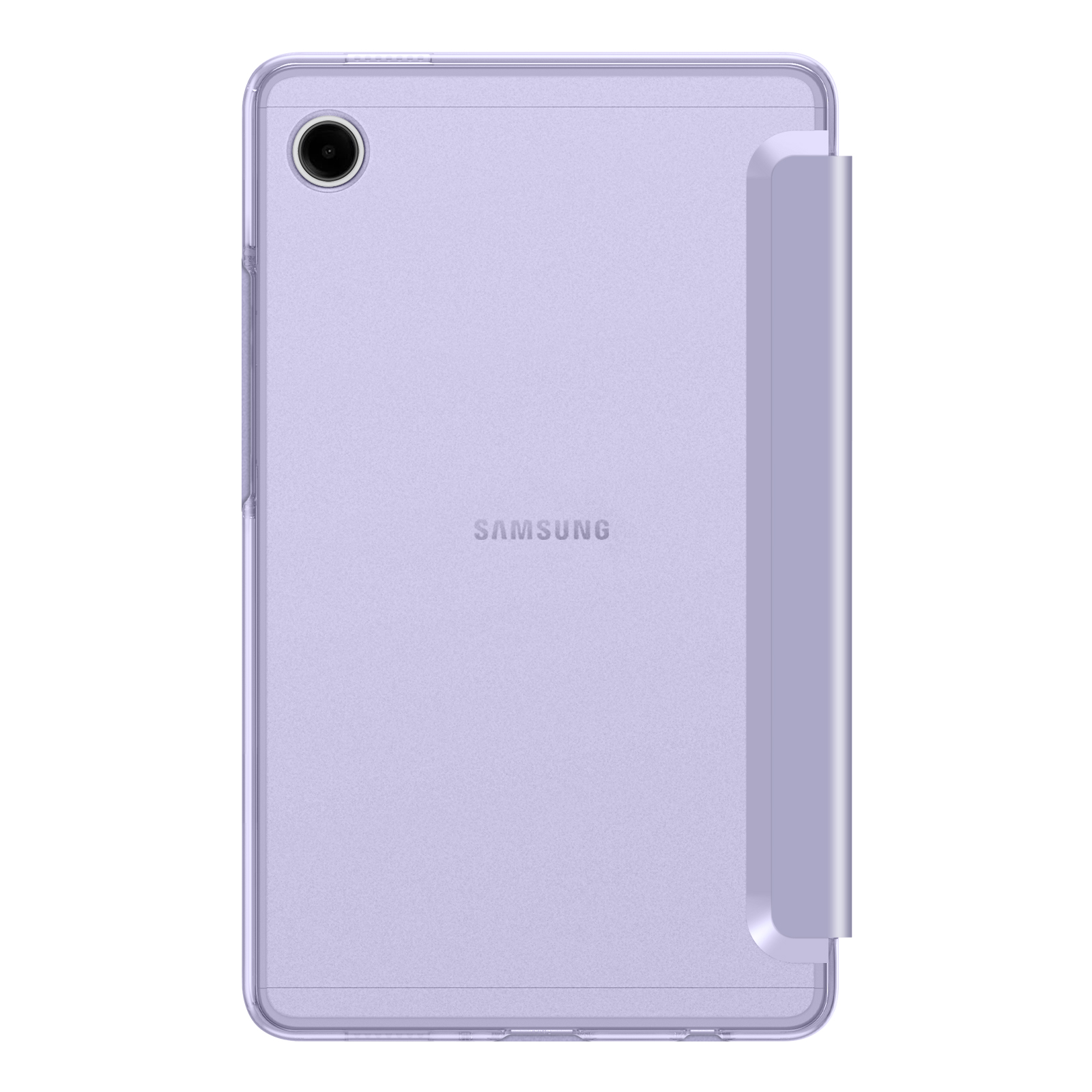 Ein lila Samsung-Tablet mit Schutzhülle, das die Rückseite mit Kamera und Markenlogo zeigt.