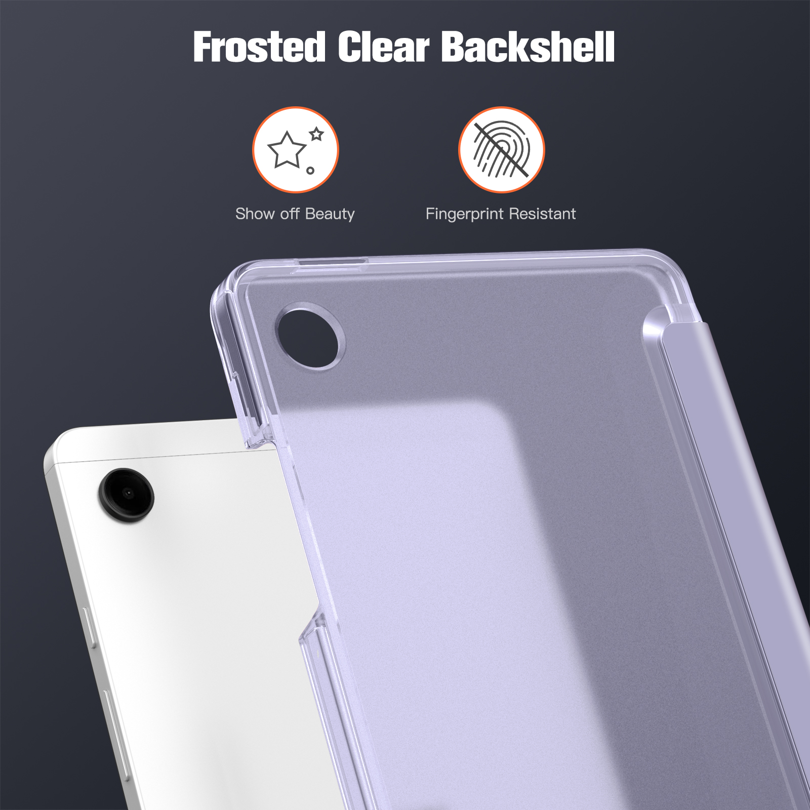 Eine transparente Handy-Rückschale wird gezeigt. Sie bedeckt ein weißes Telefon. Text: Frosted Clear Backshell, Show off Beauty und Fingerprint Resistant.