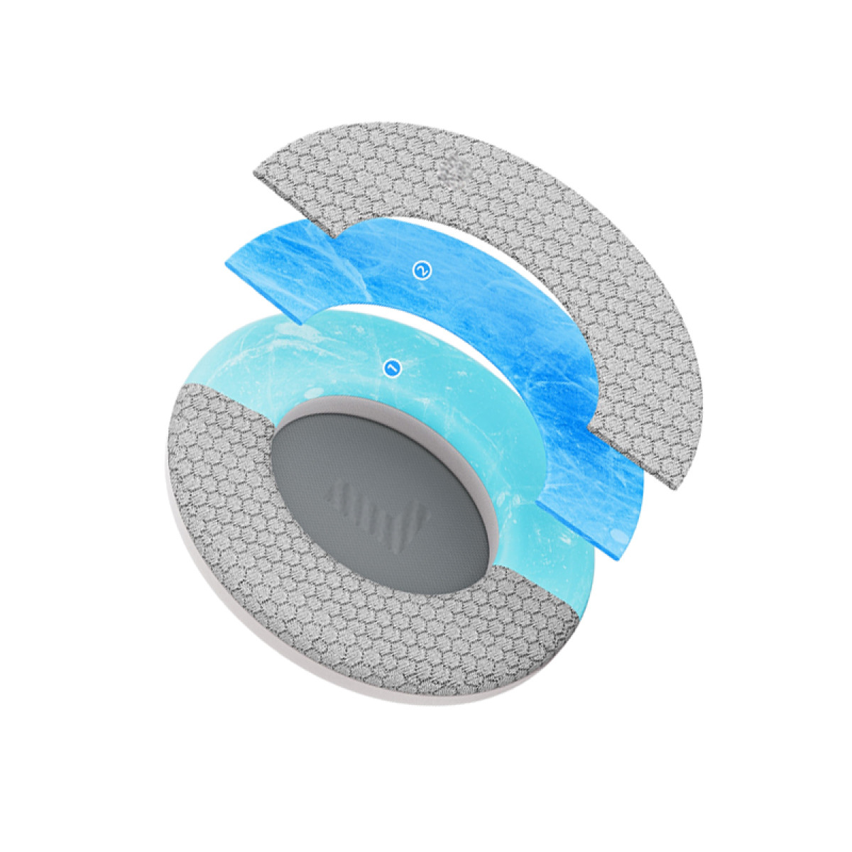 An exploded view of a headphone cushion. It shows layers of gray mesh, blue and turquoise material, and a gray interior.