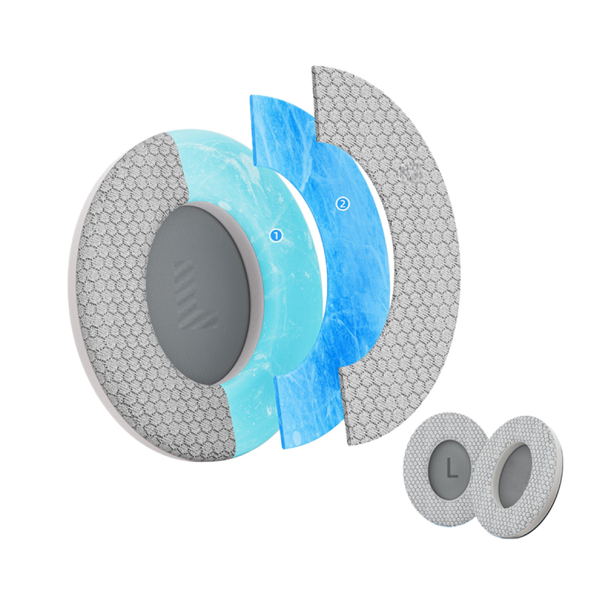Diagram of headphone ear cup layers. Grey mesh, blue foam, and inner grey cushion. Two ear cups show an 'L' for left.