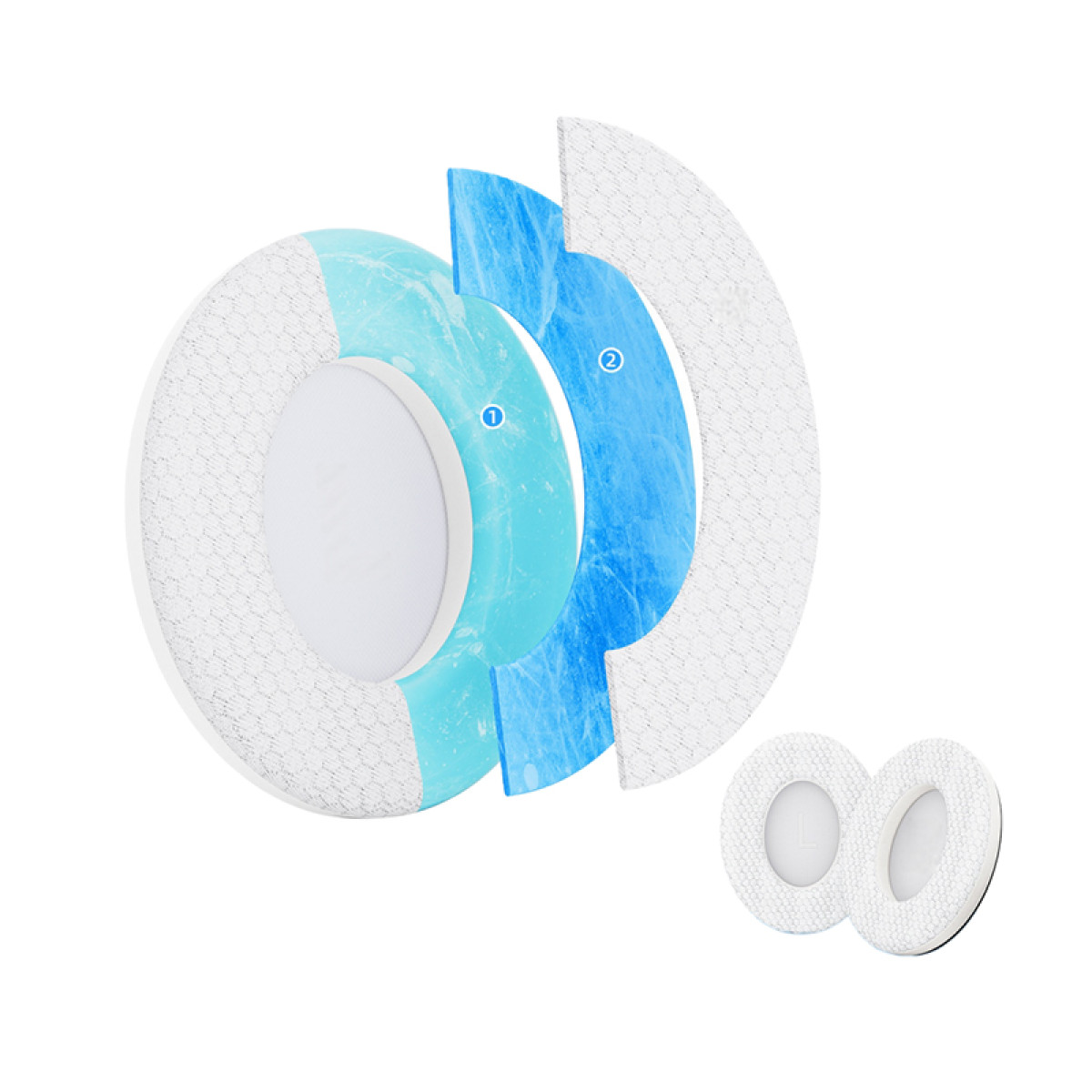 Un diagramma esploso mostra gli strati di un cuscinetto auricolare per cuffie. Include schiuma, gel blu e uno strato esterno bianco, testurizzato. Vengono mostrati due cuscinetti auricolari aggiuntivi.
