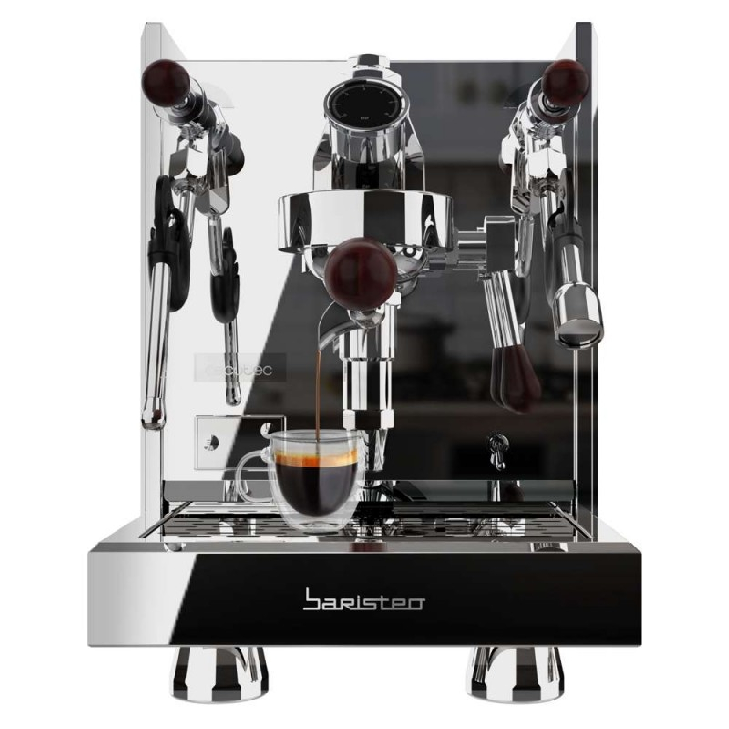 Una macchina per espresso cromata che prepara il caffè in una tazza di vetro. Ha dettagli in legno scuro e una base nera con la scritta 'baristeo'.