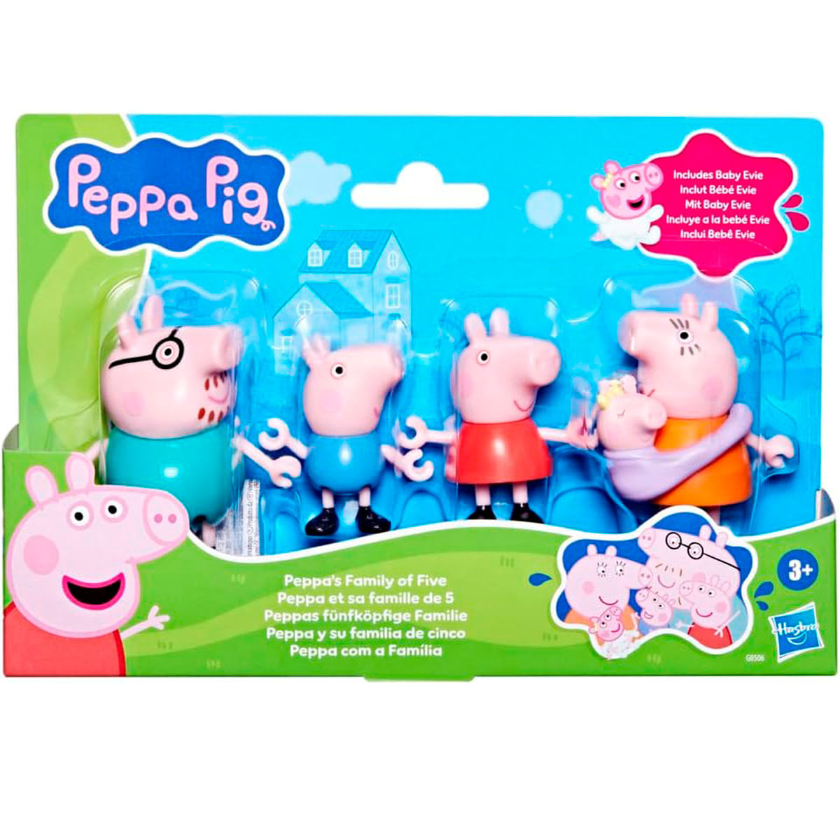 Set de juguetes de la familia Peppa Pig. Incluye figuras de Peppa, Papá Pig, Mamá Pig, George y Bebé Evie. El embalaje presenta un esquema de color verde y azul.