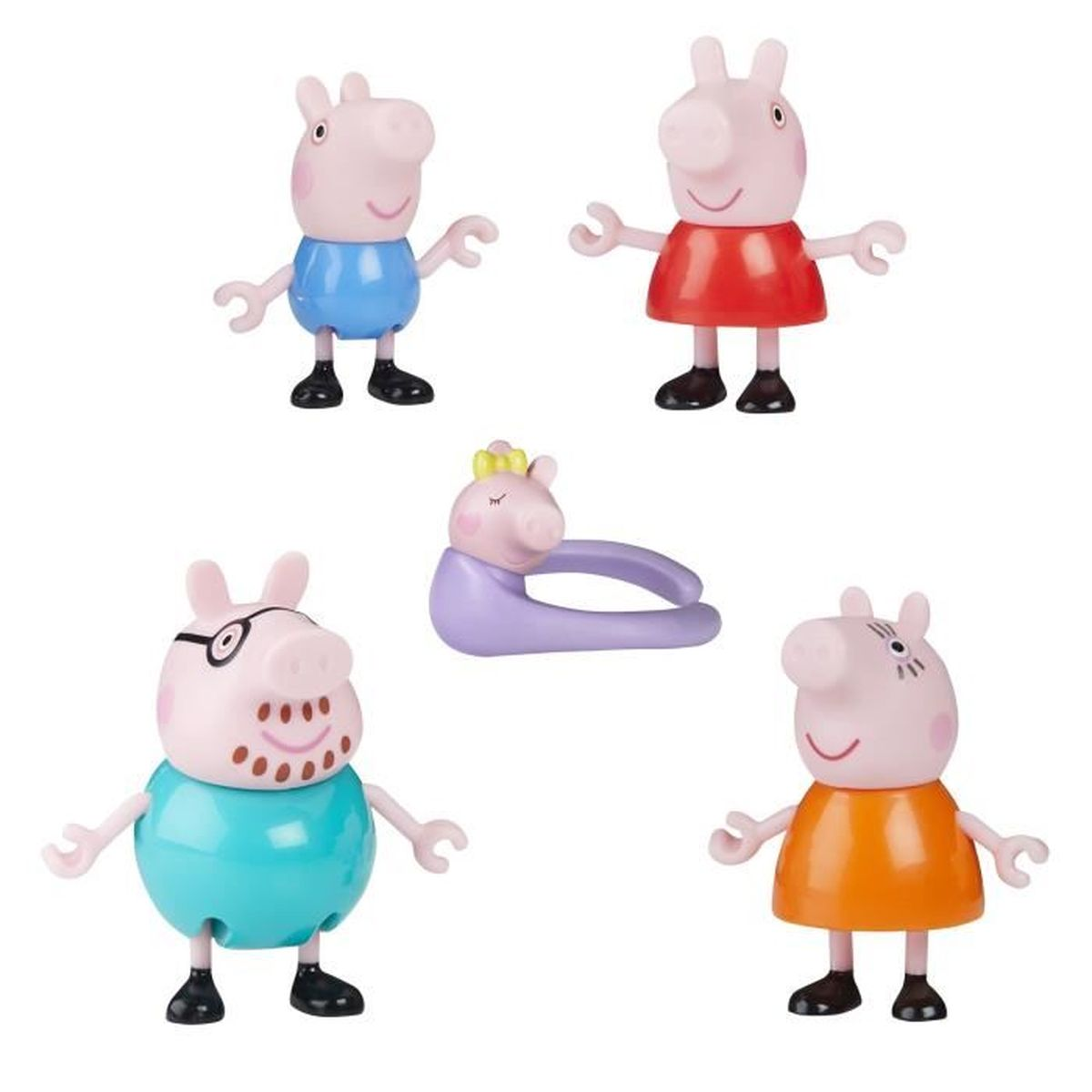Cinco figuras de Peppa Pig. Una con vestido azul, otra roja, una con gafas, una naranja y un cerdito en un tobogán morado.