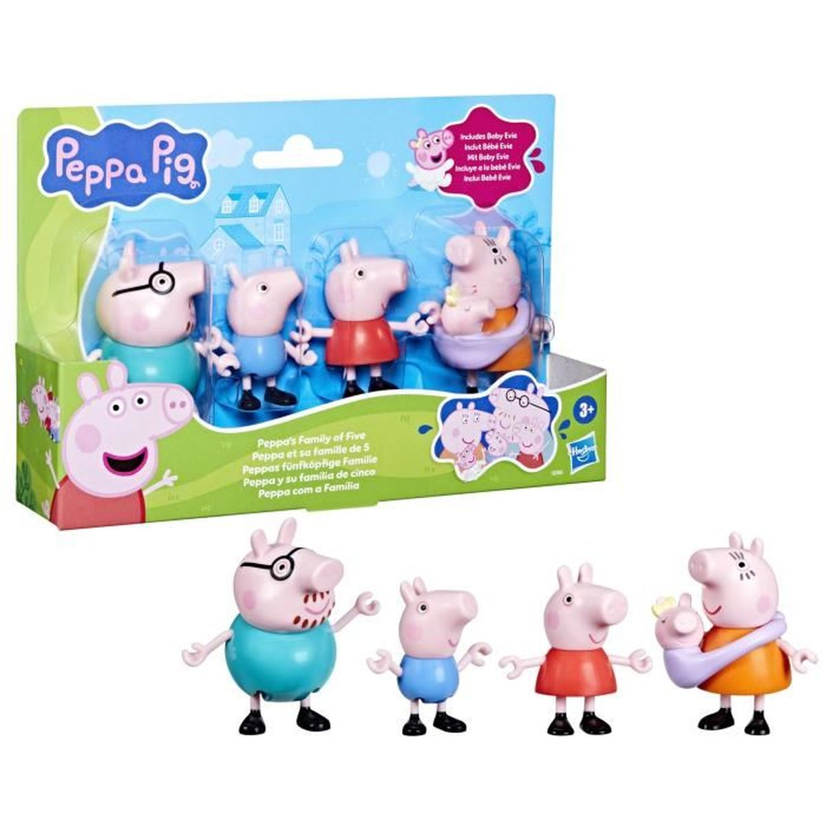 Set de juguetes de la familia Peppa Pig. Incluye una caja con cinco figuras: Papá, Mamá, Peppa, George y la bebé Evie, todos con sus atuendos.