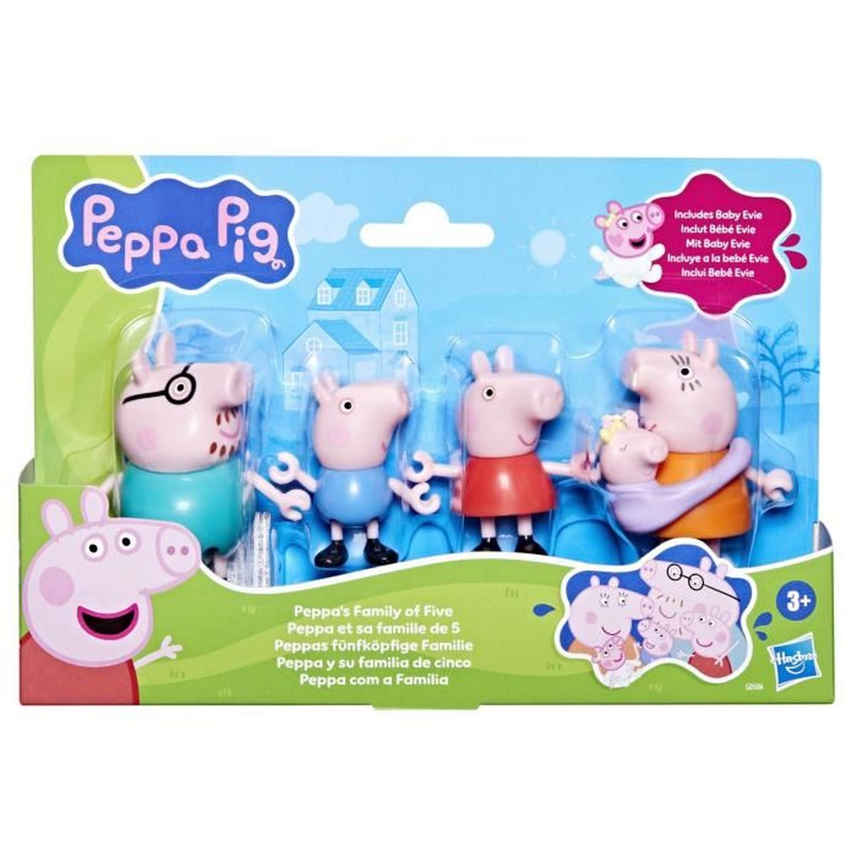 Juego de juguetes de la familia Peppa Pig. Incluye cinco figuras de cerdos en un paquete. La caja tiene un fondo verde y azul.