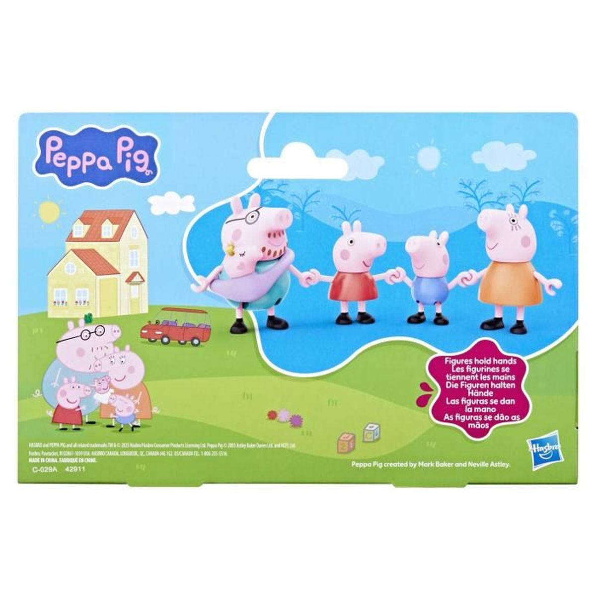 Set de juguetes de Peppa Pig. Figuras de Peppa Pig y familia tomadas de la mano. Fondo: casa, coche y texto.