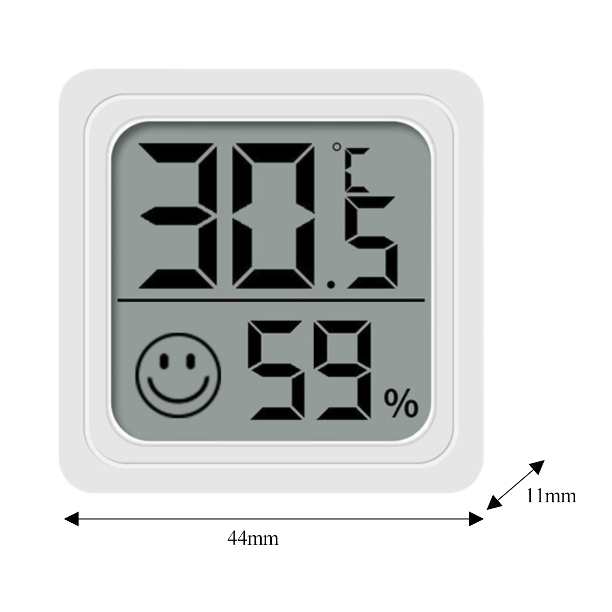 Ein weißes digitales Thermometer zeigt 30,5 und 59% an, mit einem Smiley. Es ist 44 mm breit und 11 mm dick.