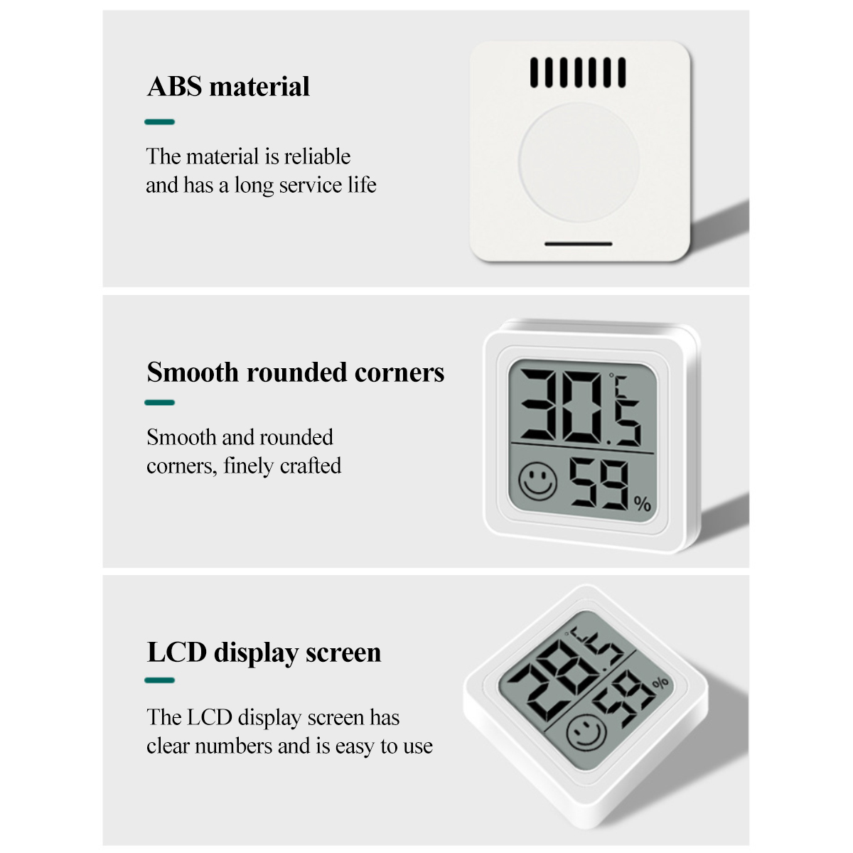Das Bild zeigt drei Produktmerkmale: ABS-Material, glatte abgerundete Ecken und LCD-Bildschirm eines weißen Geräts.