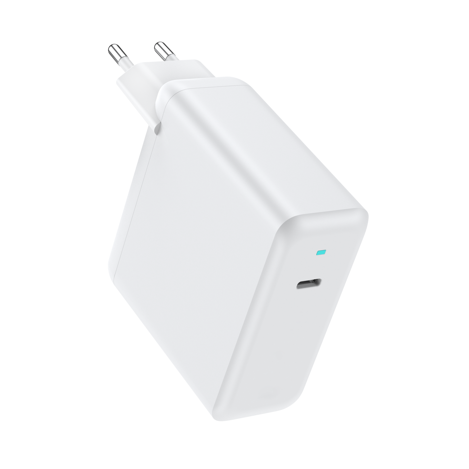 Ein weißes Netzteil mit zwei Stiften. Es hat einen USB-C-Anschluss und ein kleines blaues Licht.