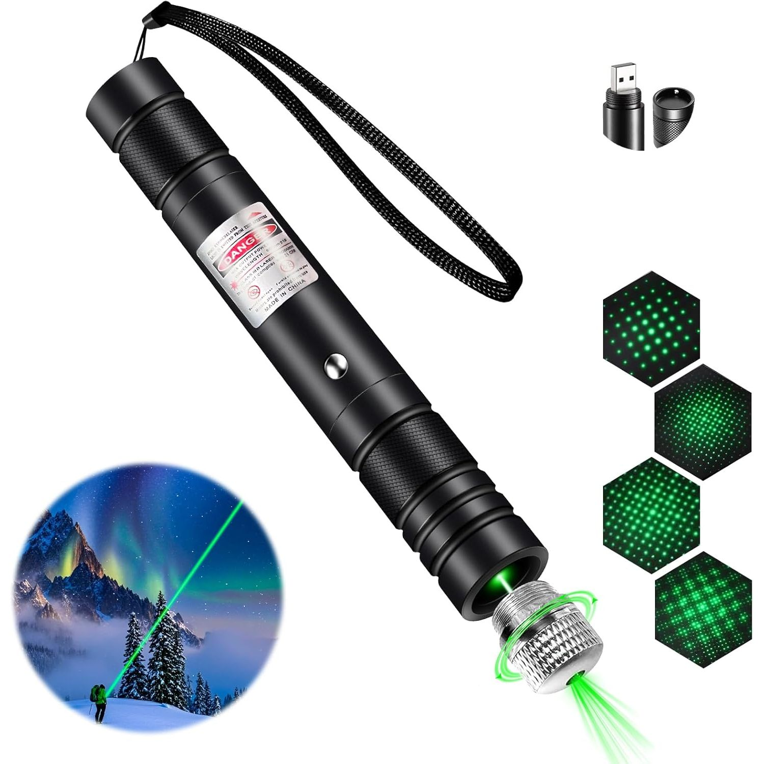 Schwarzer Laserpointer mit grünem Strahl, zeigt verschiedene Muster. Enthält ein USB-Ladegerät. Das Bild zeigt das Nordlicht.