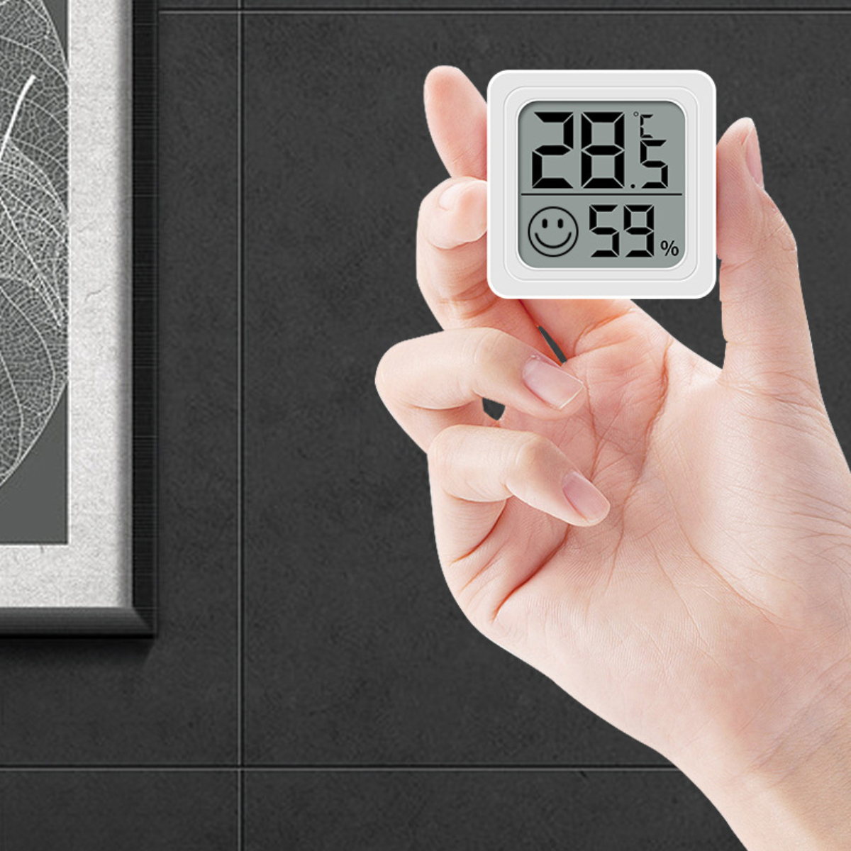 Eine Hand hält ein weißes digitales Thermometer, das 28,5 Grad und 59 % Luftfeuchtigkeit anzeigt. Im Hintergrund ein gerahmtes Blattkunstwerk.