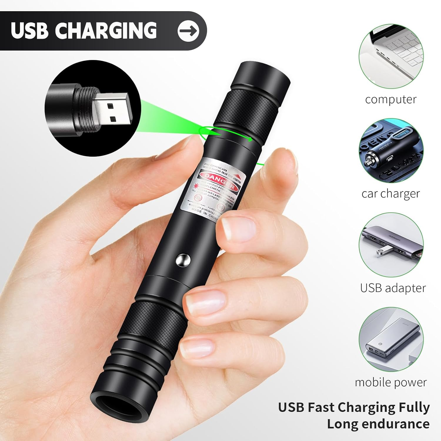 Eine Hand hält einen schwarzen Laserpointer, der an einen USB-Anschluss angeschlossen ist. Insets zeigen Computer, Autoladegerät, Adapter und mobile Stromversorgung.