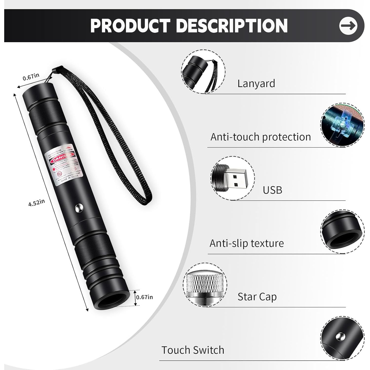 Schwarzer Laserpointer mit Lanyard, beschriftet mit 'DANGER'. Merkmale: Berührungsschutz, USB, rutschfeste Textur, Sternkappe und Berührungsschalter.