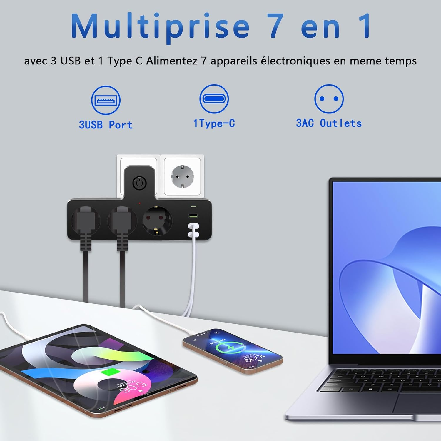 Ein Mehrfachstecker mit mehreren Anschlüssen ist mit einem Tablet, Telefon und Laptop verbunden. Text zeigt USB, Typ-C und AC-Ausgänge.