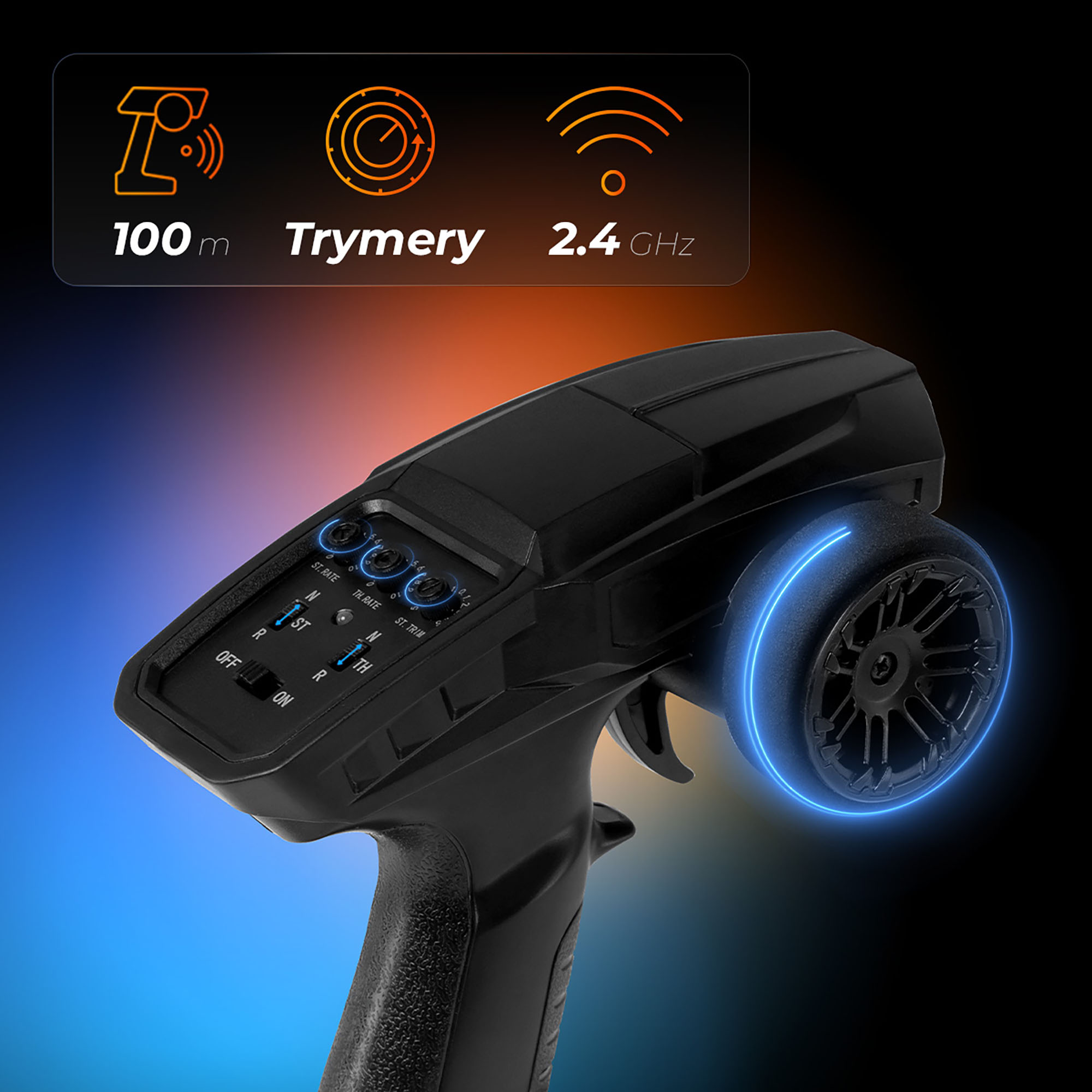 Schwarze Fernbedienung mit blauen Lichtakzenten. Zeigt eine Reichweite von 100 m, Trymery, 2,4 GHz. Knöpfe und Räder sichtbar.
