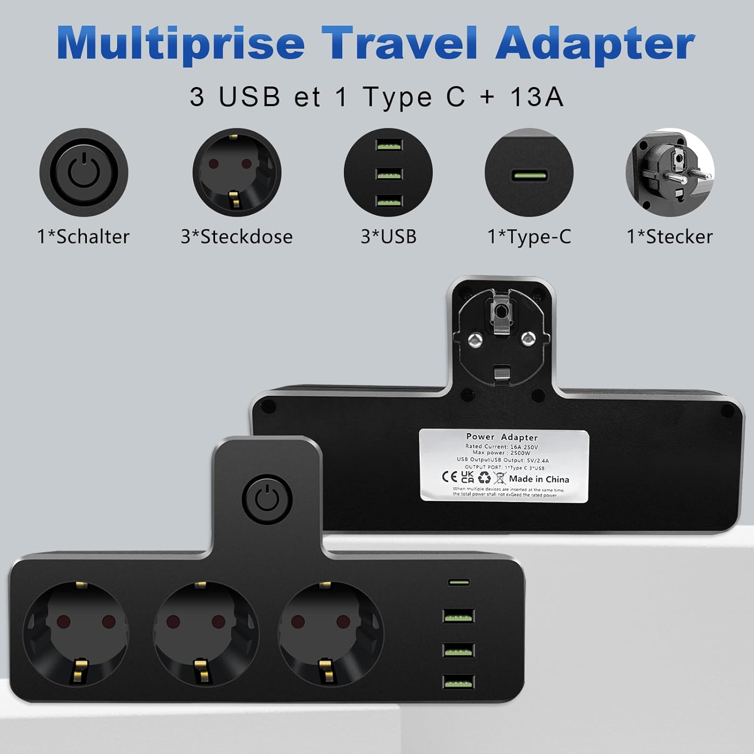 Schwarzer Reiseadapter mit mehreren Steckdosen, USB-Anschlüssen und einem Typ-C-Anschluss, beschriftet mit Spezifikationen.