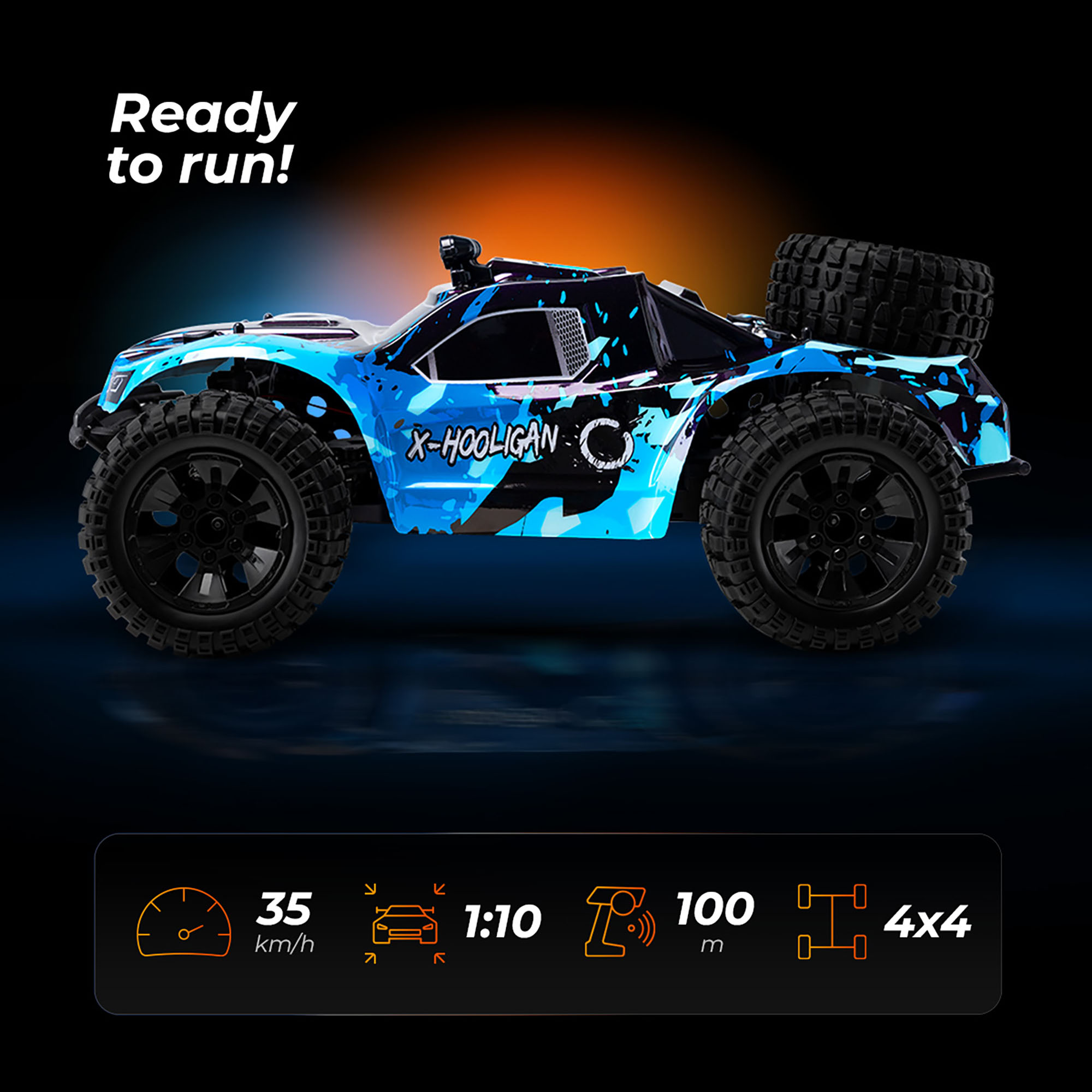 Ein blau-schwarzes X-Hooligan RC-Auto wird gezeigt. Es zeigt Geschwindigkeit und 4x4-Fähigkeiten.