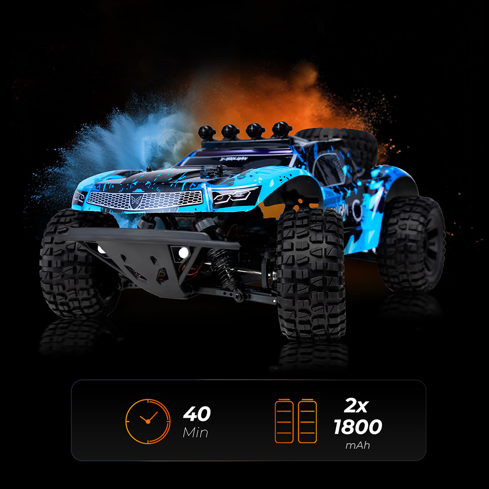 Niebieski i czarny samochód RC na czarnym tle z pomarańczowymi i niebieskimi rozpryskami. Panel informacyjny pokazuje czas i informacje o baterii.