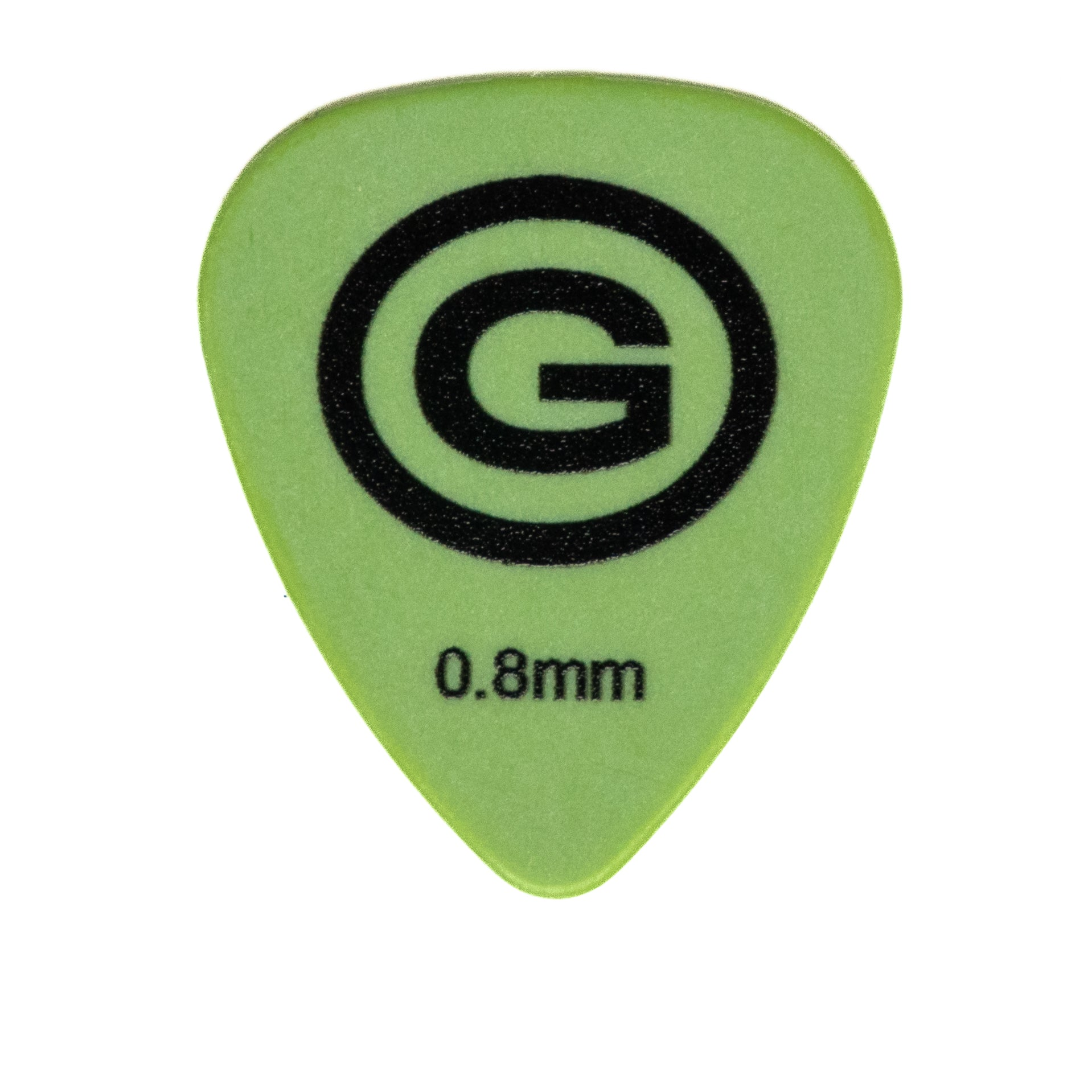 Grüner Gitarrenplektrum mit schwarzem 'G'-Logo und Text '0,8 mm' auf weißem Hintergrund.