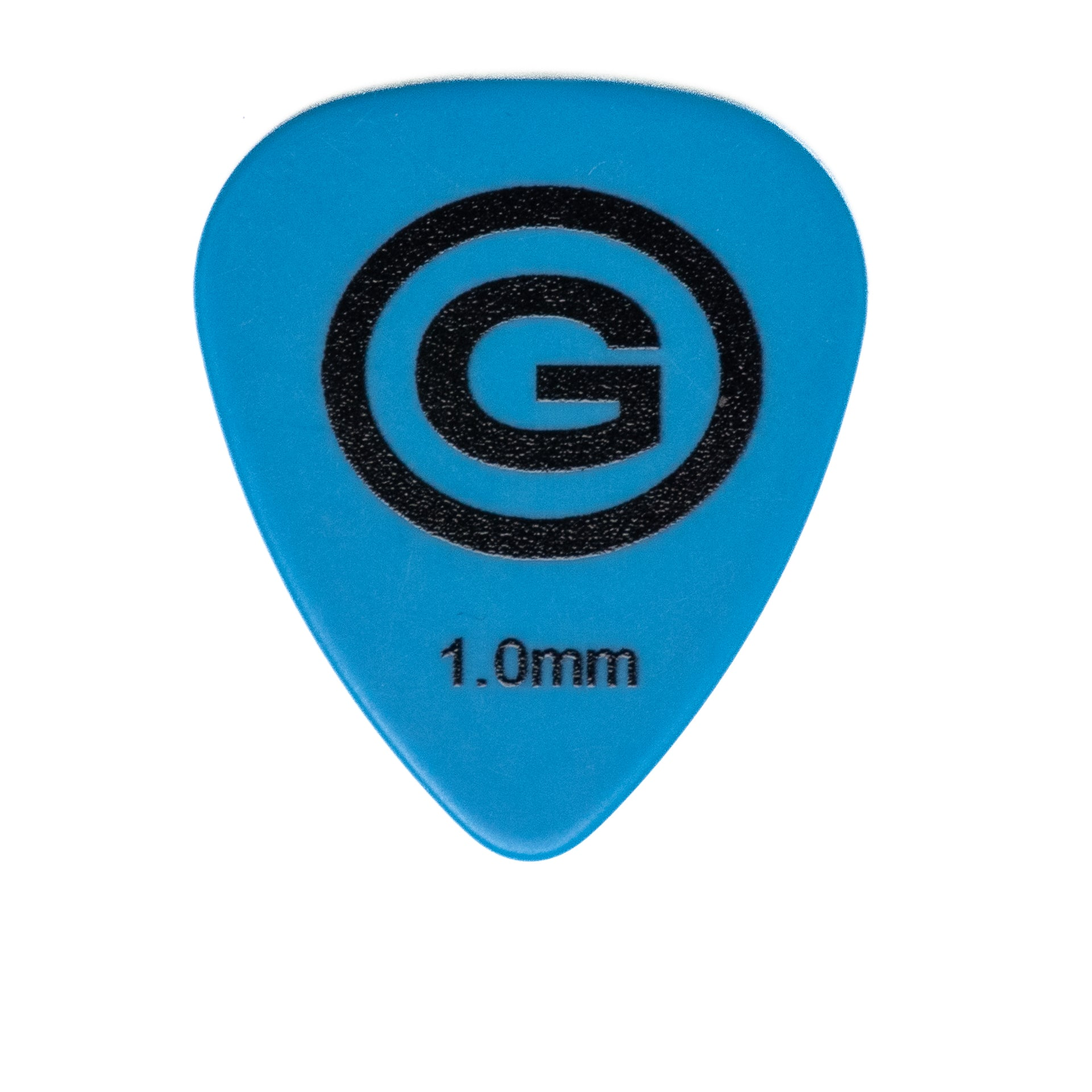 Blauer Plektrum mit schwarzem 'G'-Logo und '1,0 mm' Text. Weißer Hintergrund.