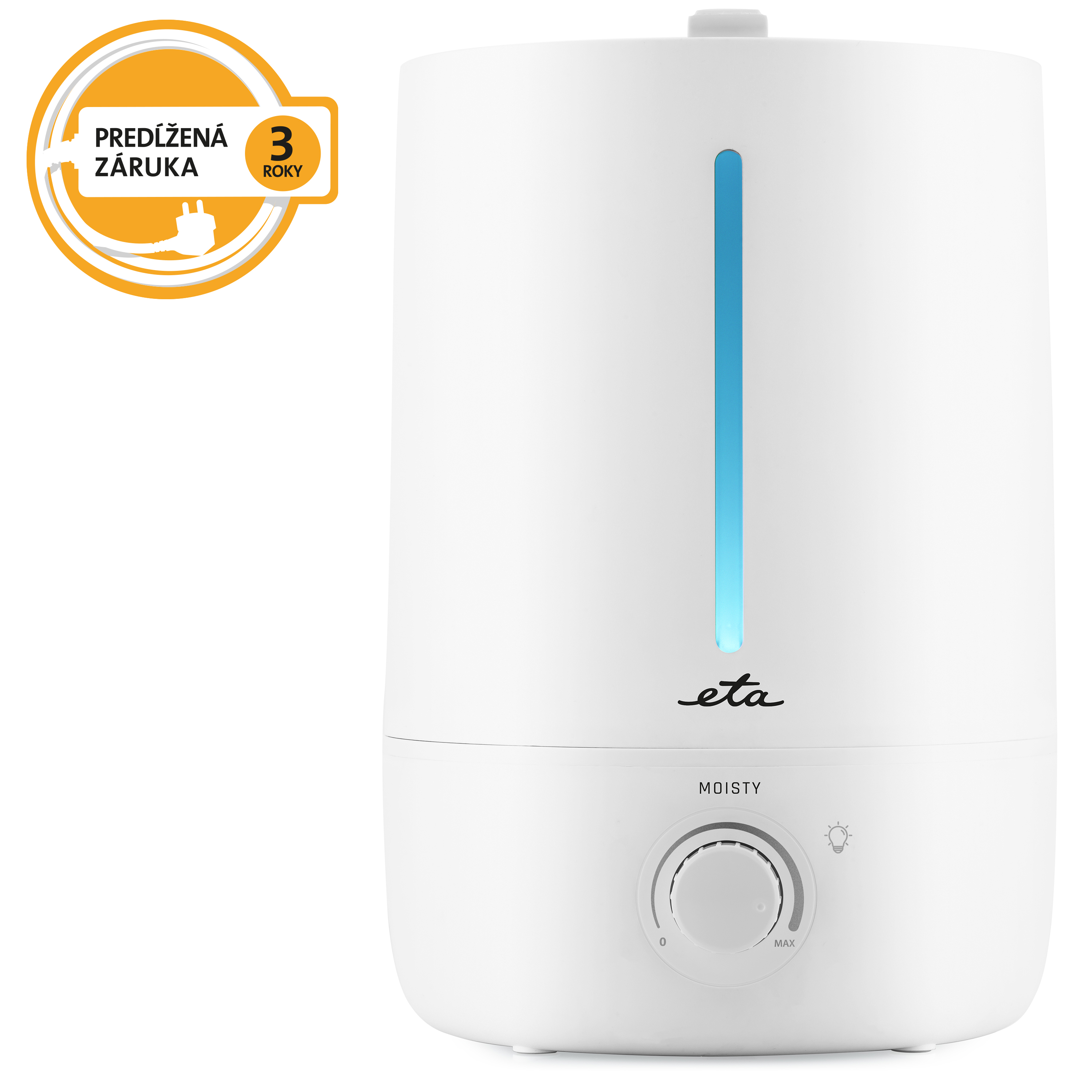 Umidificatore bianco con luce blu, manopola di controllo e distintivo di garanzia arancione di 3 anni.