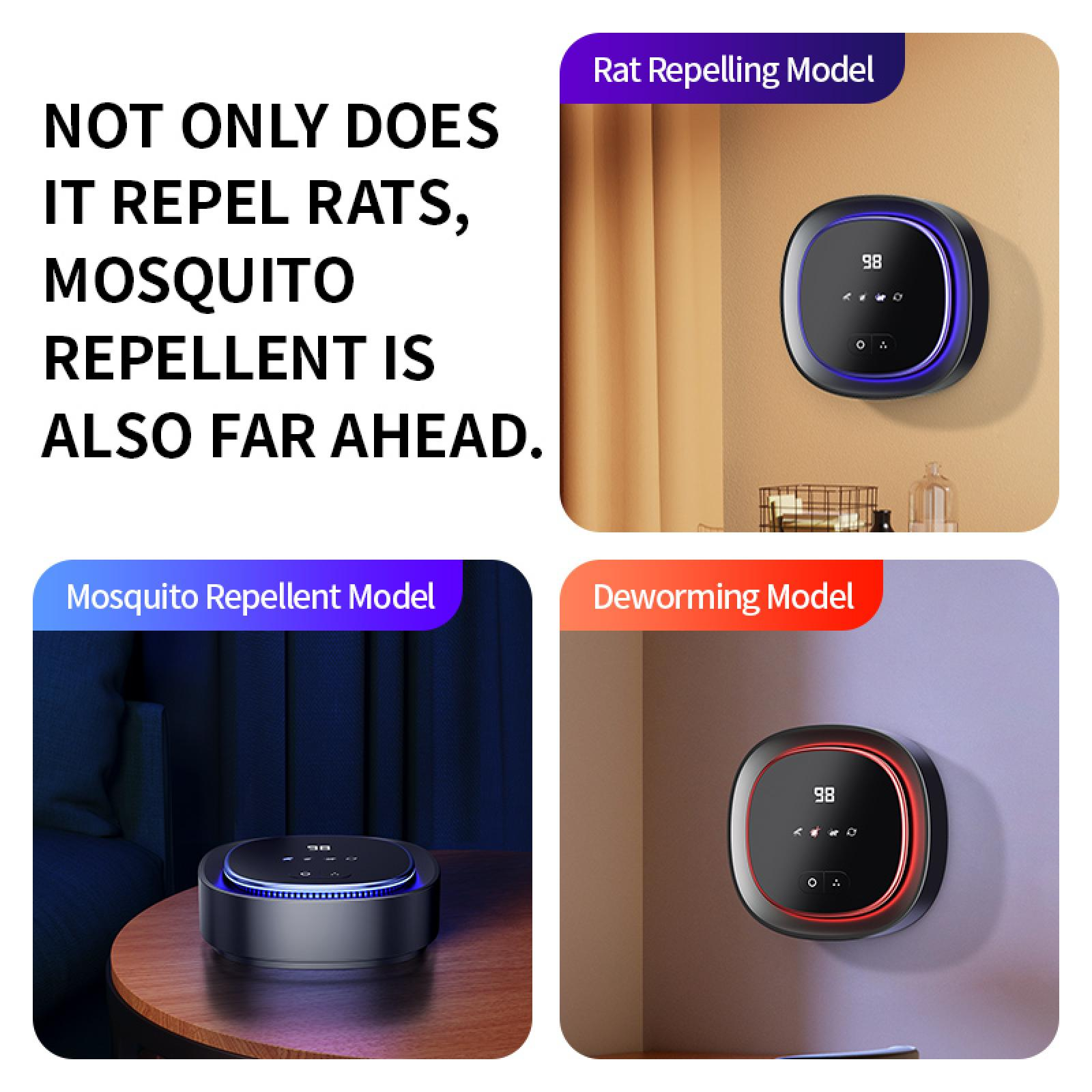 Das Bild zeigt drei Repellentmodelle und Text: Es wehrt nicht nur Ratten ab, auch Moskitos sind weit voraus.