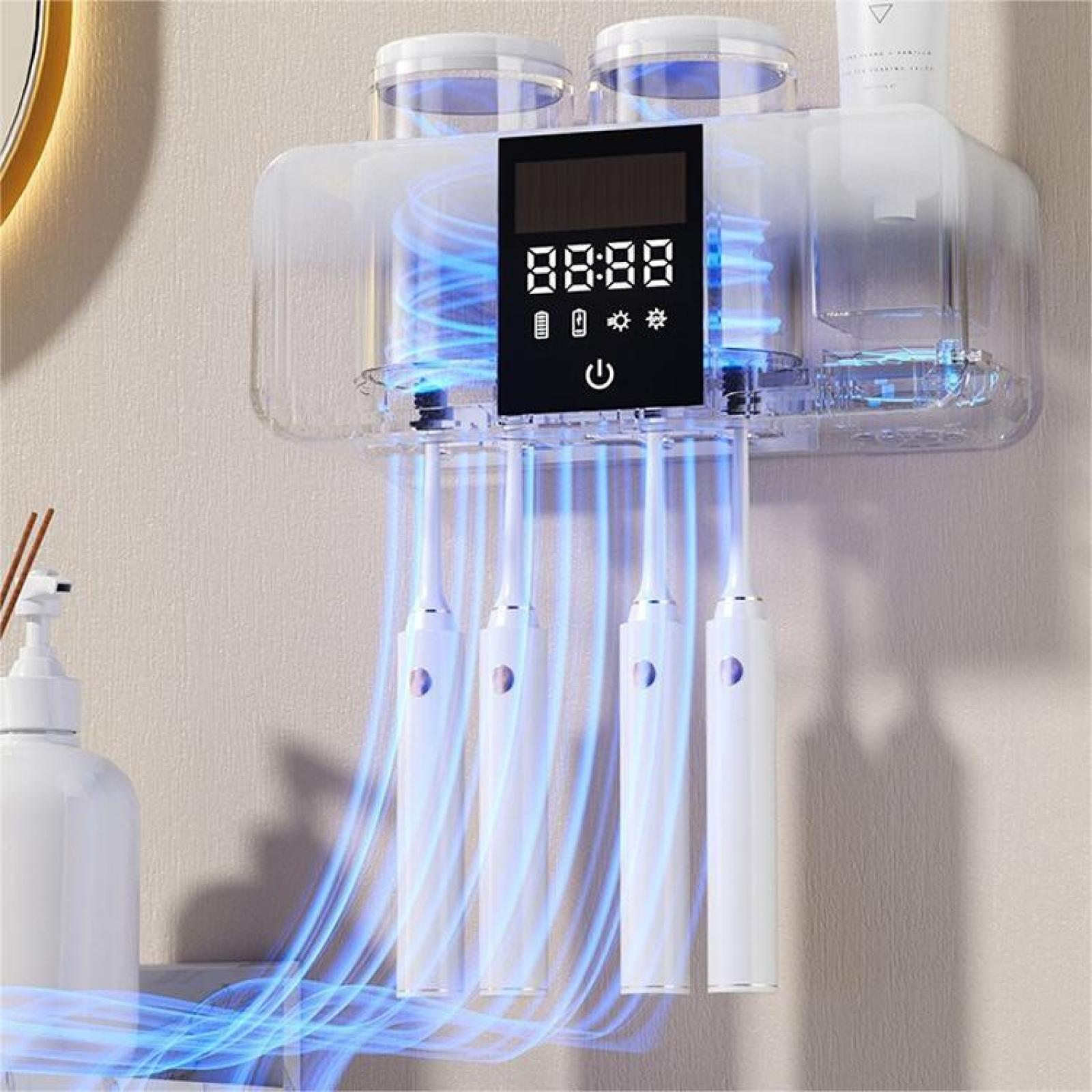 Ein weißer Zahnbürstensterilisator mit vier Zahnbürsten und Digitalanzeige. Blaues Licht strahlt aus dem Gerät.