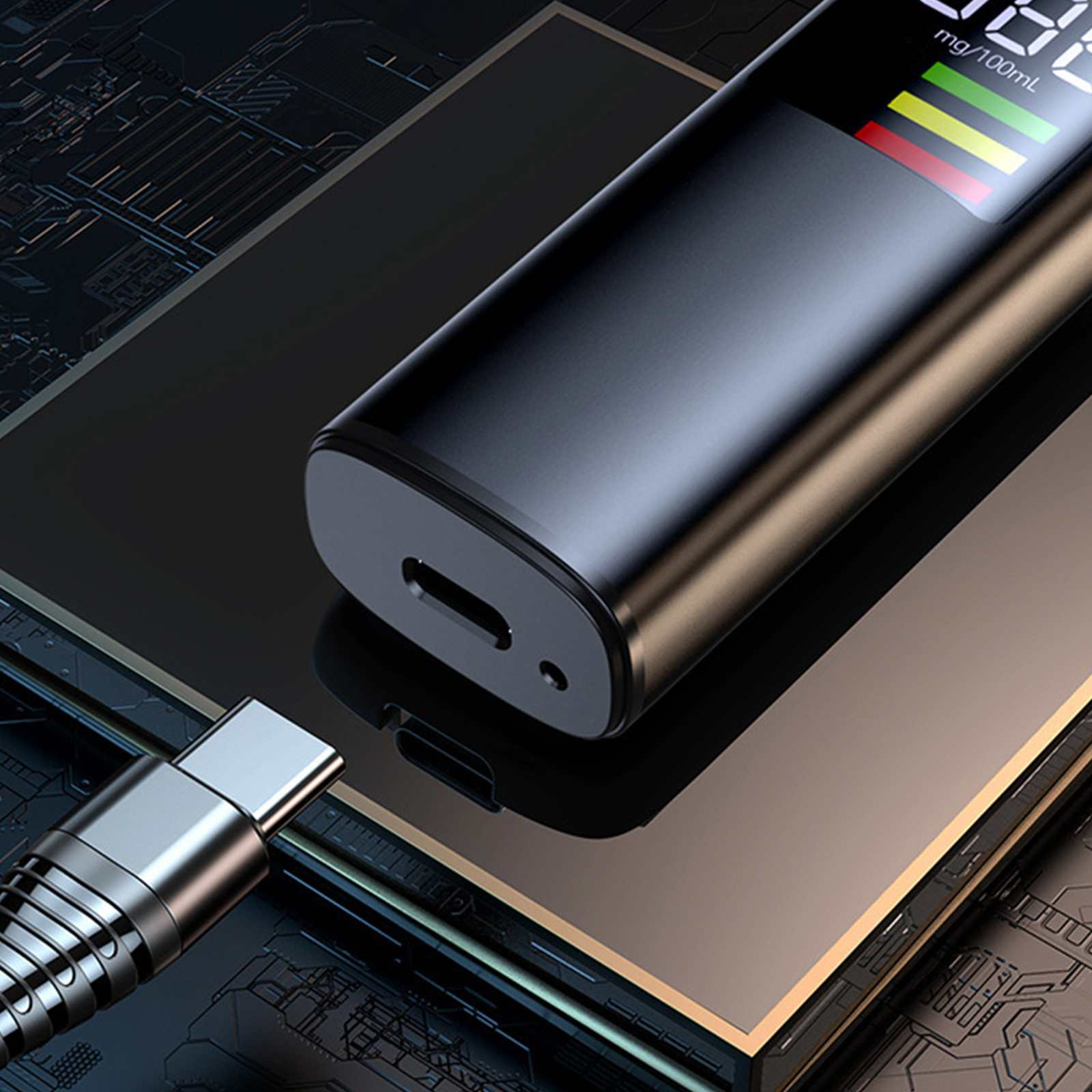 Nahaufnahme eines schwarzen Geräts mit Farbskala. Ein silbernes USB-C-Kabel ist angeschlossen.