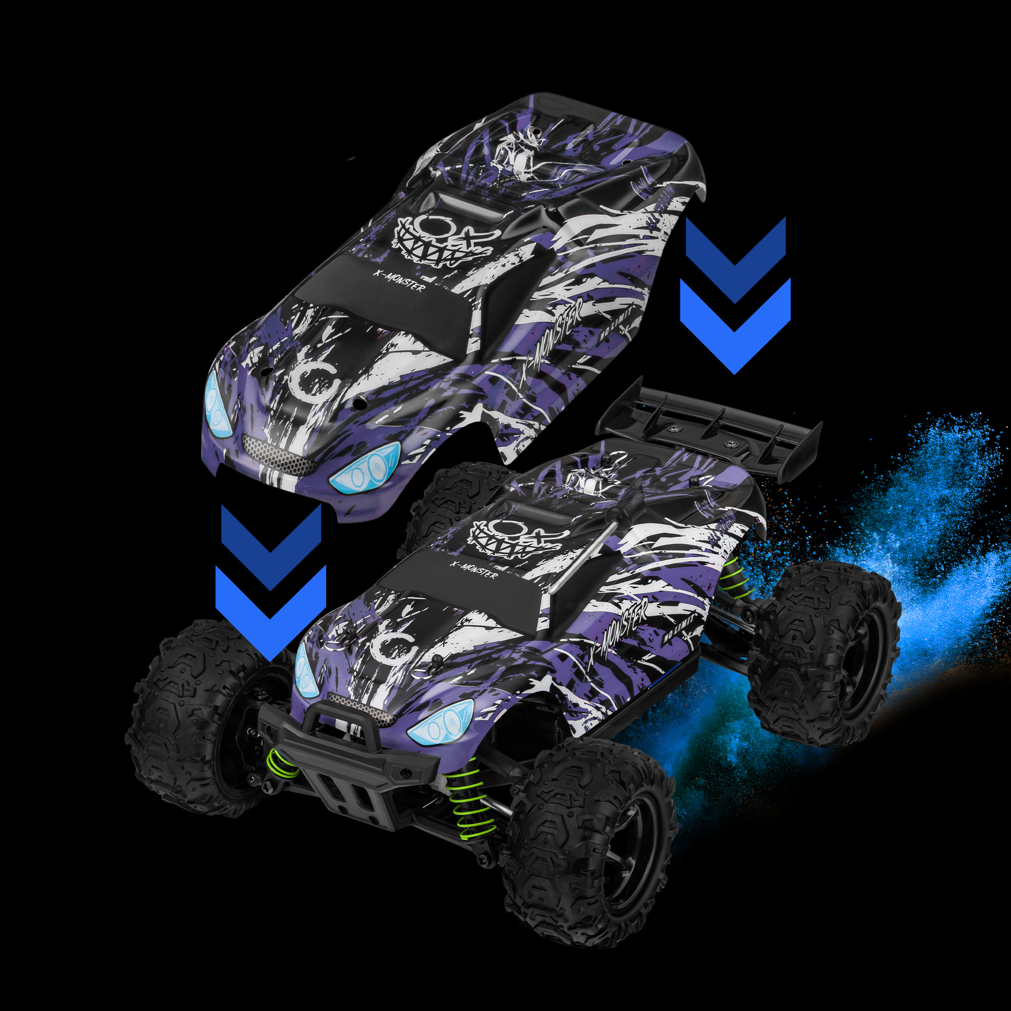 Een RC-auto met paars en wit design, twee delen. Pijlen wijzen naar de auto. Zwarte achtergrond met blauwe splash.