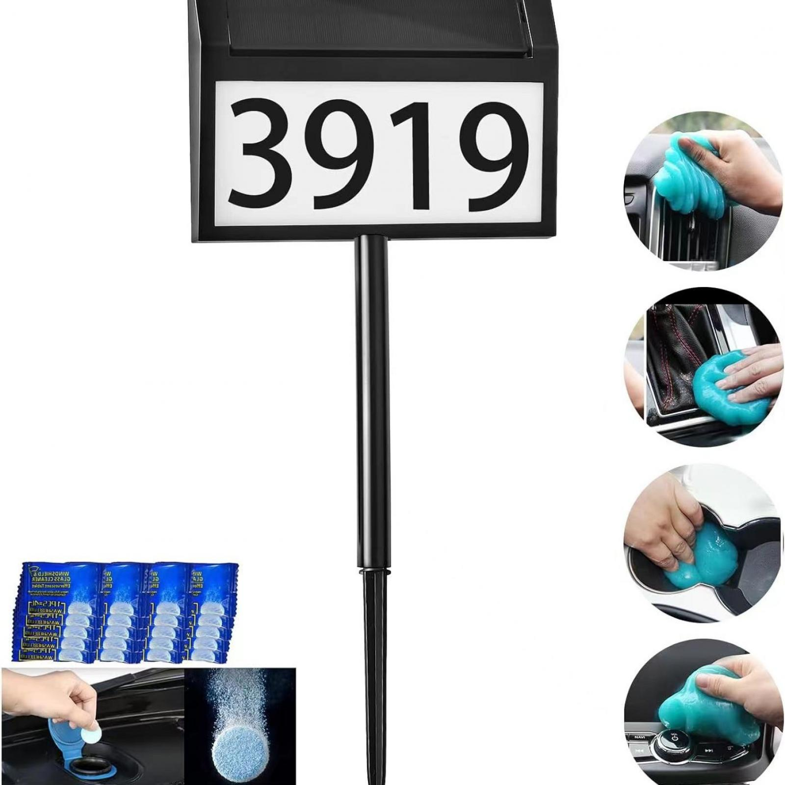 Das Bild zeigt ein Hausnummernschild mit '3919', blaue Reinigungsmasse und Reinigungstabletten. Mehrere Auto-Innenaufnahmen.