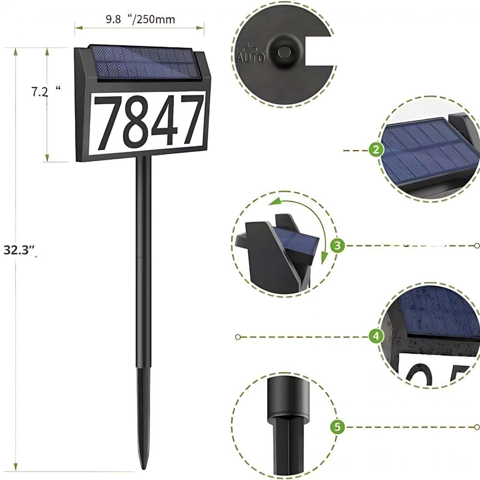 Schwarzes Solar-Adressschild mit der Nummer 7847, Abmessungen und Details sind ebenfalls sichtbar.