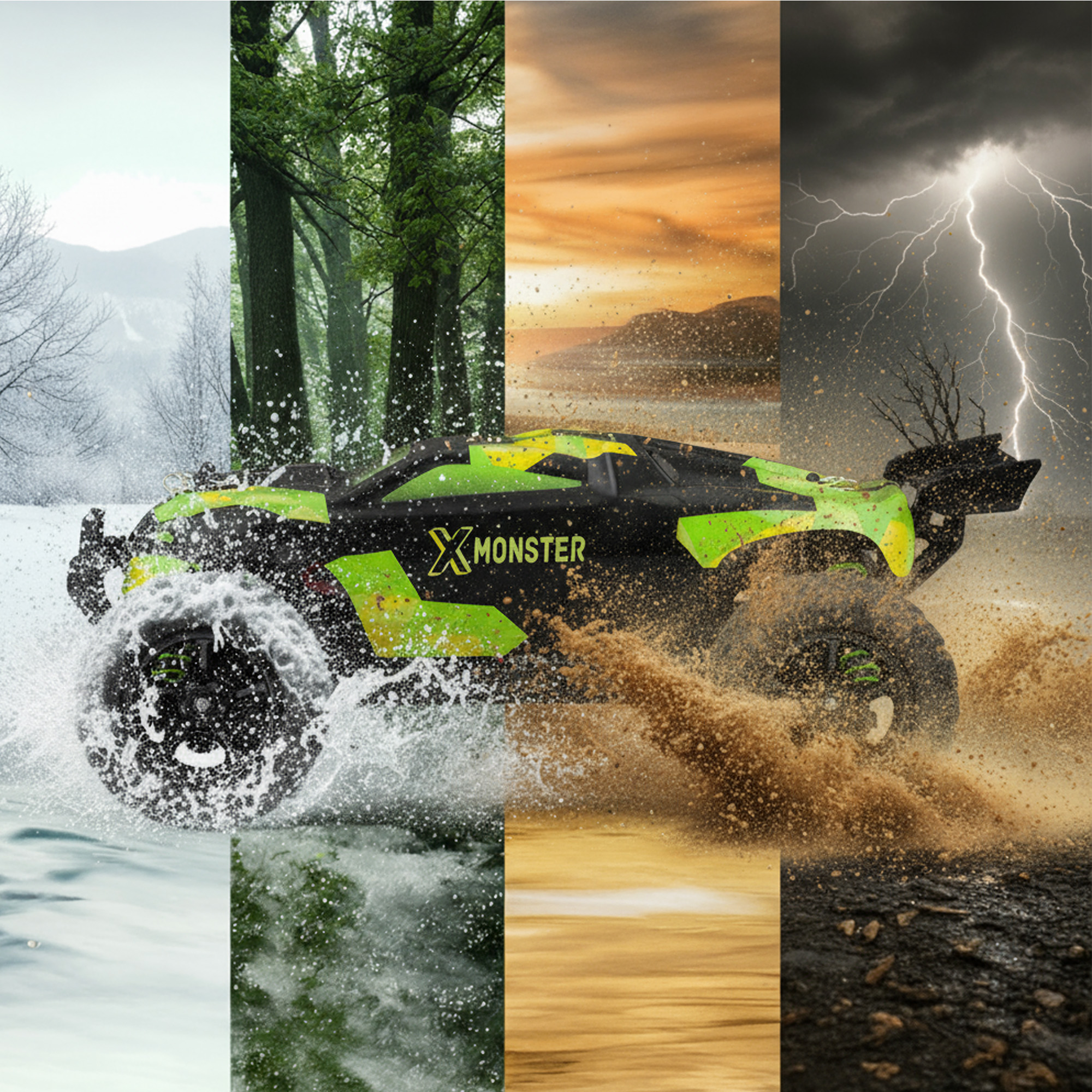 Samochód zdalnie sterowany jedzie przez różne tereny: śnieg, las, błoto i błyskawice.