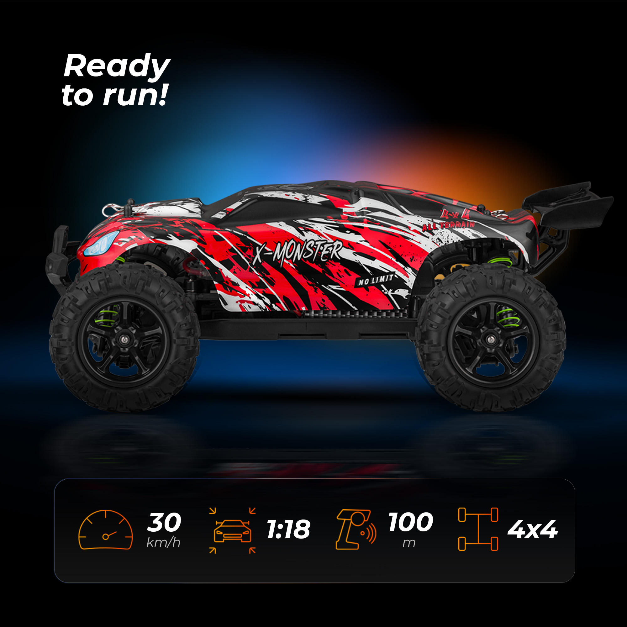 Een rode en zwarte X-Monster afstandsbedieningsauto met grote banden. Informatie omvat snelheid, schaal, bereik en 4x4.