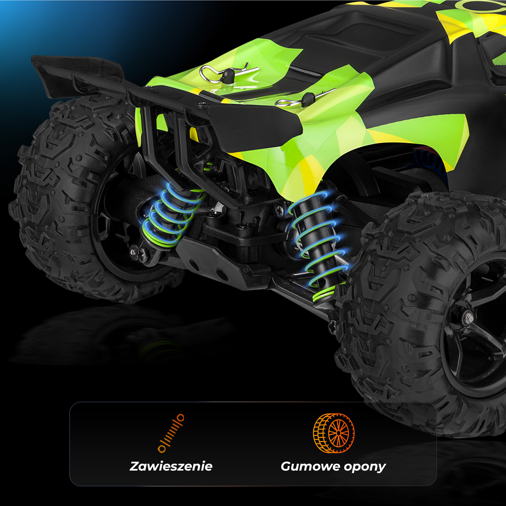 Close-up van een groen-zwarte camouflage RC-auto. Banden, vering en carrosseriedetails zijn zichtbaar. Zwarte achtergrond met iconen.