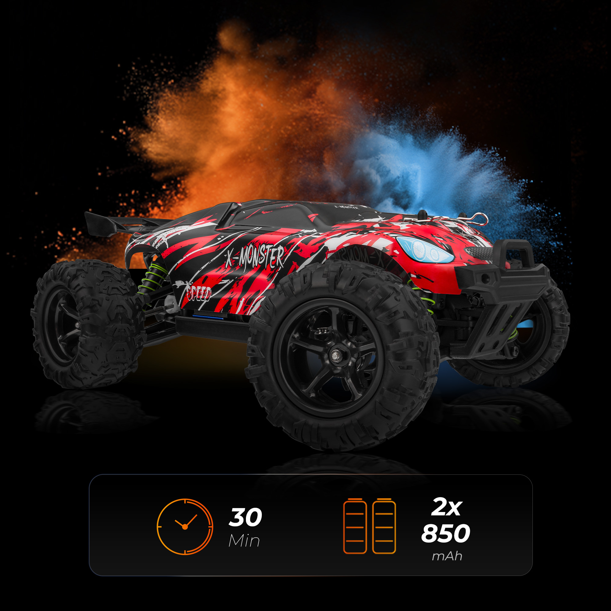 Rode en zwarte RC-auto met grote banden. Oranje en blauwe poederuitbarsting op de achtergrond. Toont batterij en runtime.