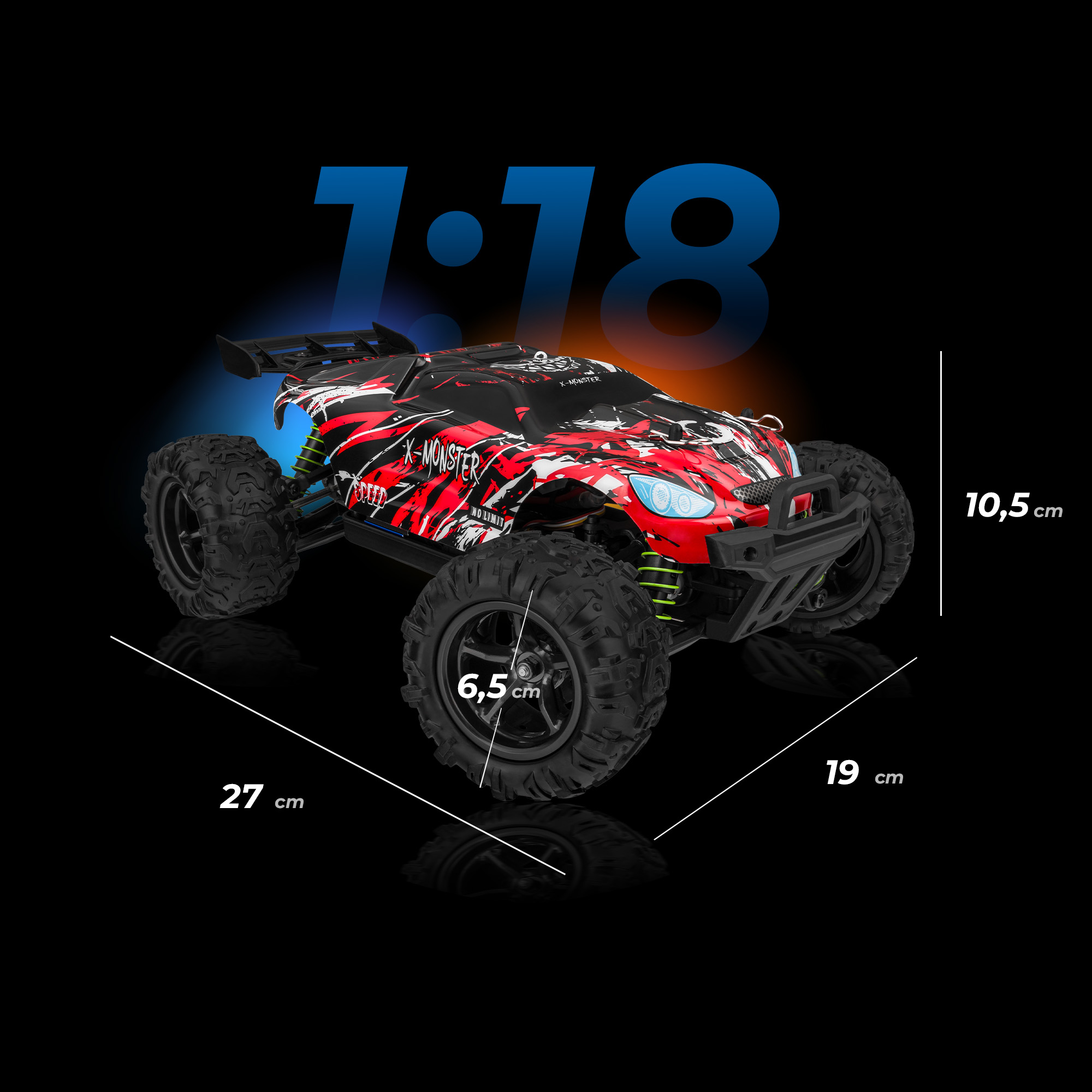 Czerwono-czarny samochód zdalnie sterowany X-Monster z wymiarami na czarnym tle.