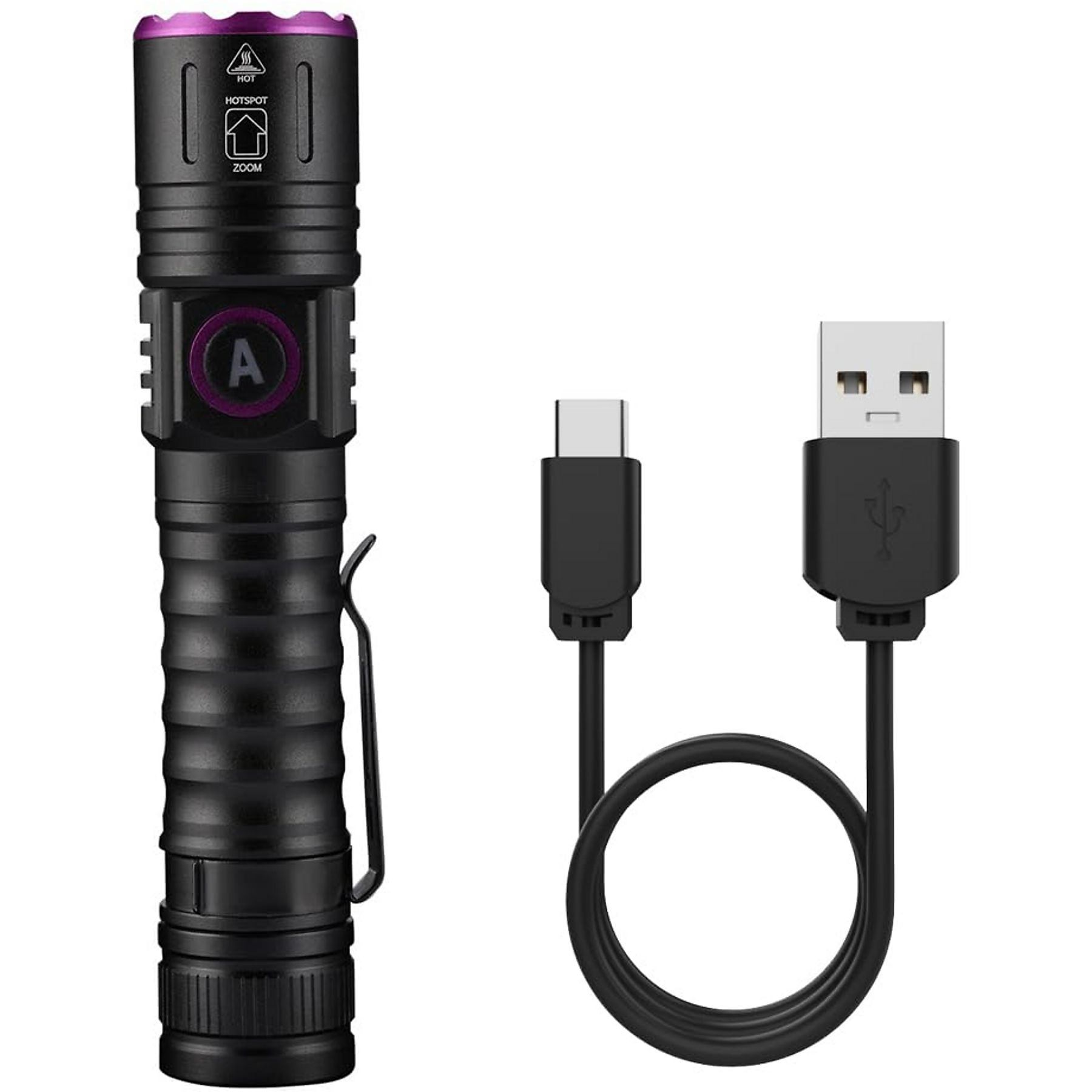 Schwarze Taschenlampe mit lila Akzenten, ein USB-C- und USB-Kabel. Die Taschenlampe hat ein 'A' an der Seite.