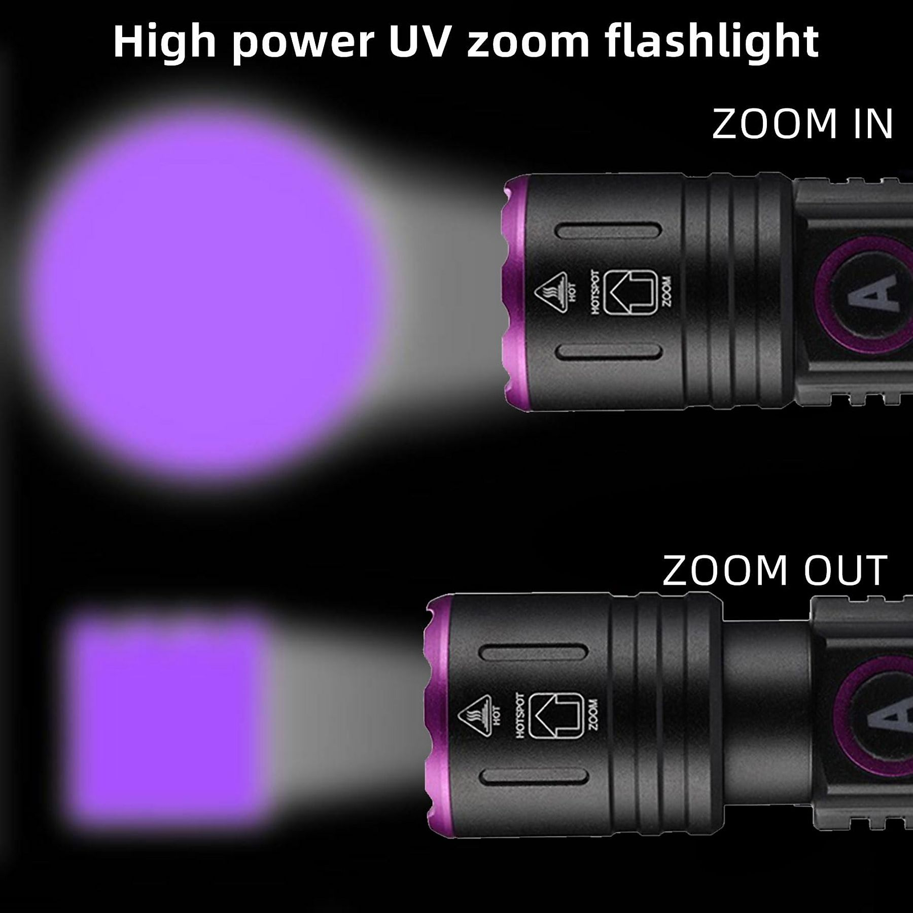 Das Bild zeigt eine UV-Zoom-Taschenlampe. Der Strahl ist lila. Der Text zeigt Zoom-in- und Zoom-out-Optionen.
